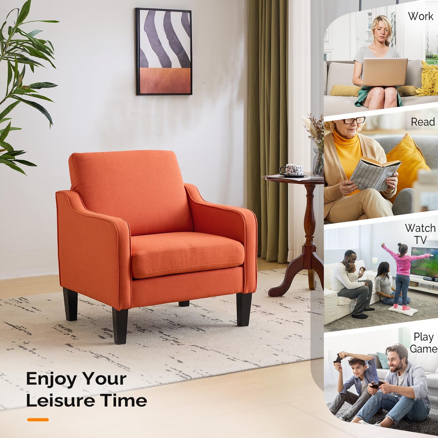 VINGLI Burnt Orange Mid Century Modern Accent Chair for Living Room & Bedroom, Scooped Arm, Upholstered Comfy Chair for Apartment, Waiting Room