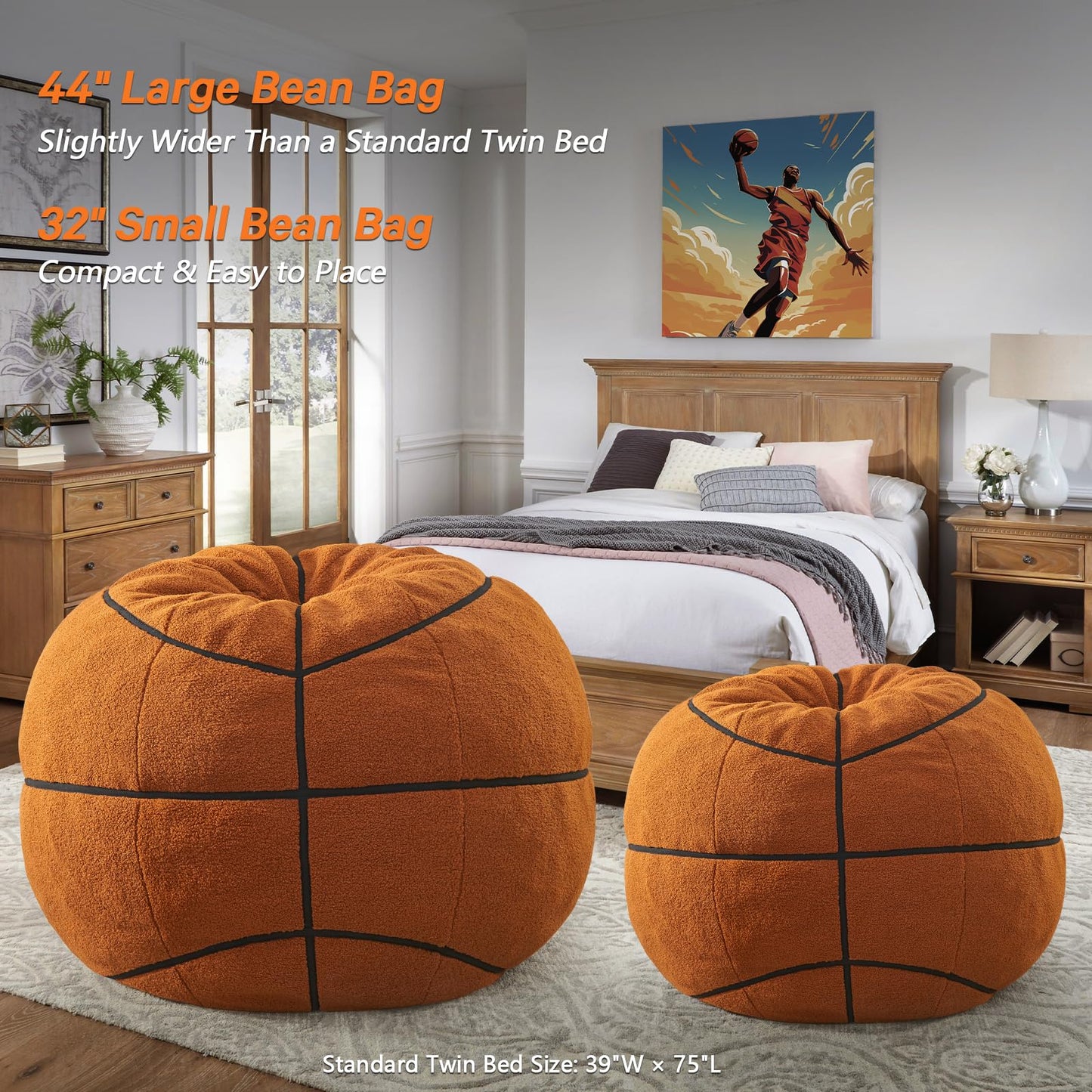 Sports Basketball Bean Bag Chair - Giant Bean Bag Chairs for Adults and Kids - Oversized Bean Bag Sofa Couch with Filler - Plush BeanBag Furniture for Living Room Bedroom Dorm Office - 44 Inch