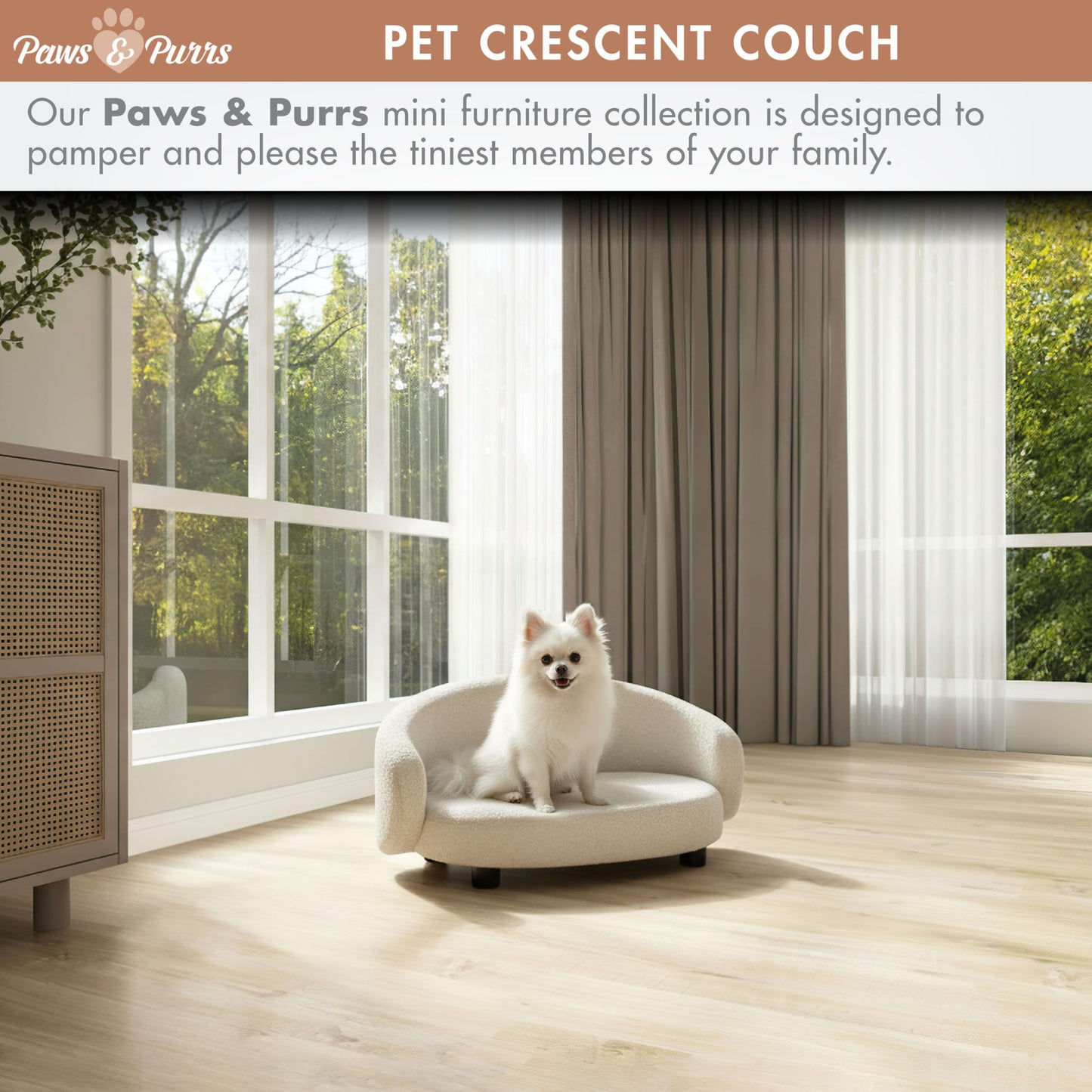 Paws & Purrs Arc Crescent Back Sofa Style Pet Bed, Dog & Cat Modern Couch with Tufted Cushion & Armrest, Stylish Indoor Pet Furniture, Boucle Ivory