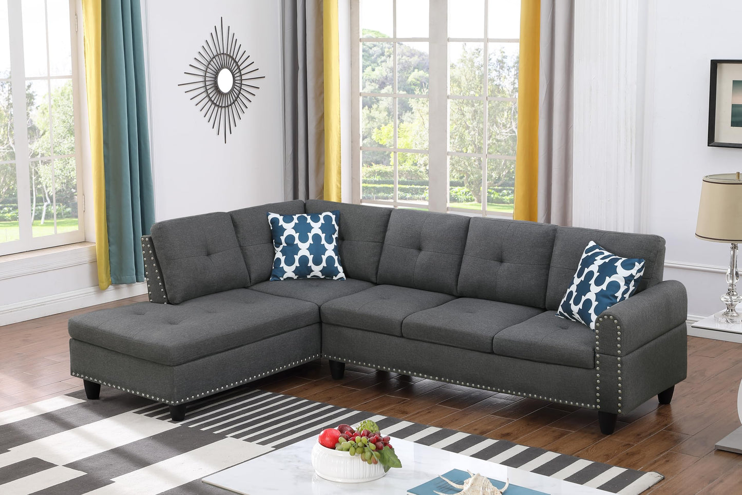 Ball & Cast 98" L Shaped Sectional Couch for Living Room with Chaise & Storage Ottoman,4 Seat Faux Leather Upholstered Modular Sectional Sofa Set 3 PCS W/Cup Holder&Nailhead Trim,for Home,Office,Black