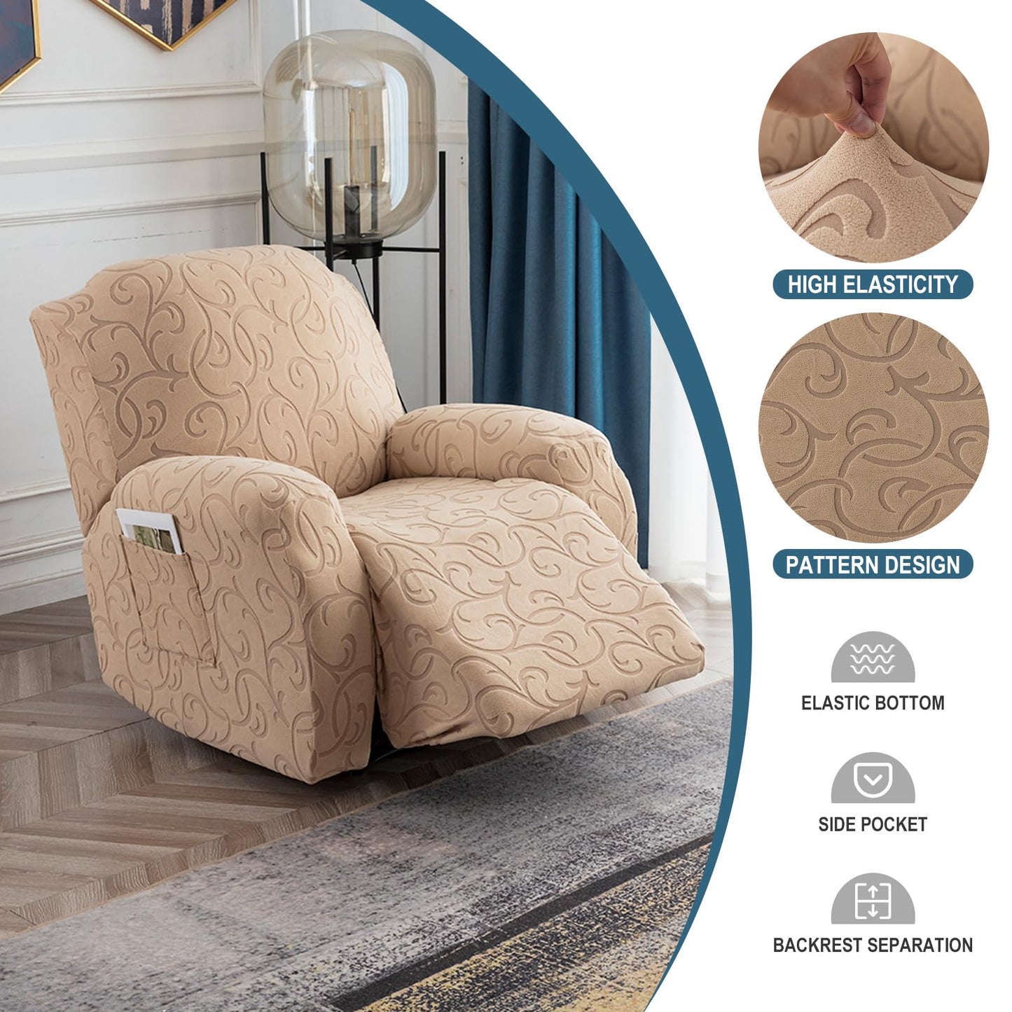 YUEANG 4 Pieces Recliner Cover Stretch Sofa Slipcover, Sofa Couch Cover for Reclining Couch 1 Seat, Washable Furniture Protector with Elastic Bottom for Kids, Dog