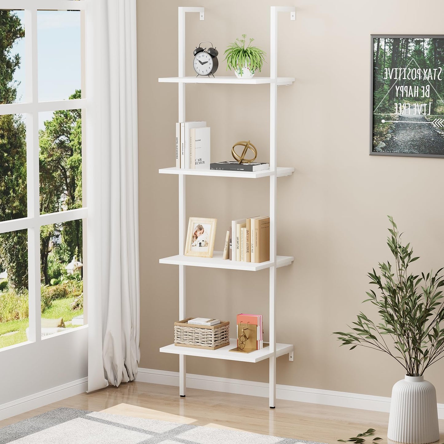 Wolawu Ladder Shelf 4 Tiers Metal Industrial Bookshelf,White Wooden Tall Open Storage Rack and Display Shelves,Wall Mount Wide Bookcase for Home Office Bedroom,Small