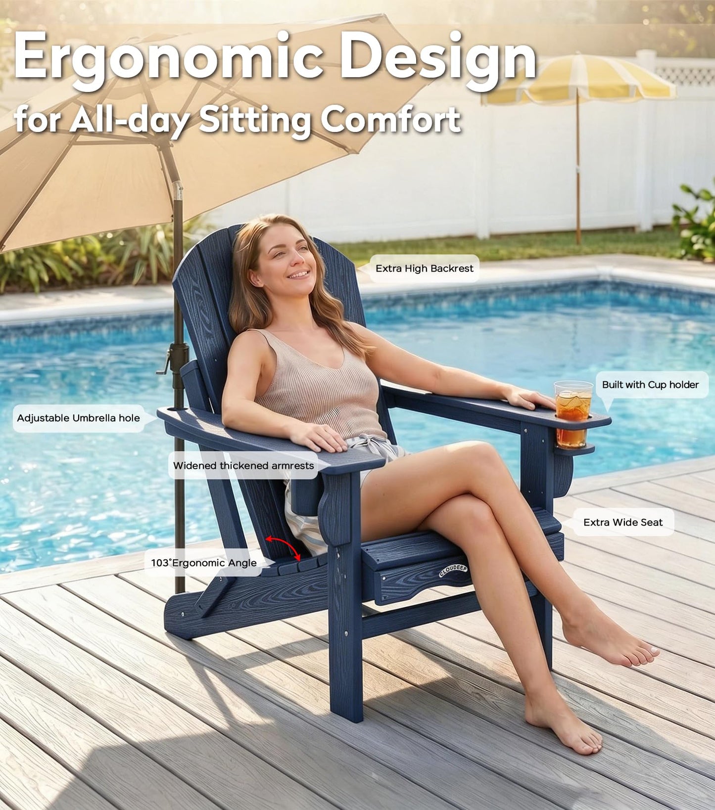 CLOUDEEP Folding Adirondack Chairs, HDPE Plastic Adirondack Chair with Cup Holder Weather Resistant, Wood Texture Outdoor Fire Pit Chairs for Patio Garden,Poolside and Deck, Umbrella Hole, Dark Blue