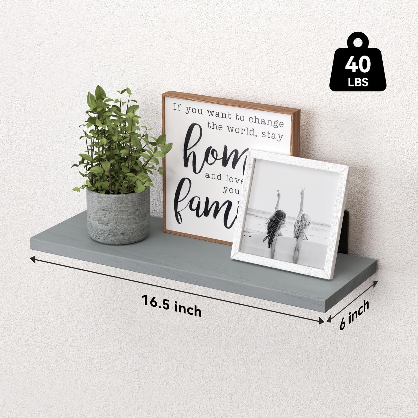 WOPITUES Wood Floating Shelves Set of 6, Shelves for Wall Decor, Farmhouse Shelf for Bedroom, Bathroom Storage Shelves, Book Shelves for Living Room-Grey