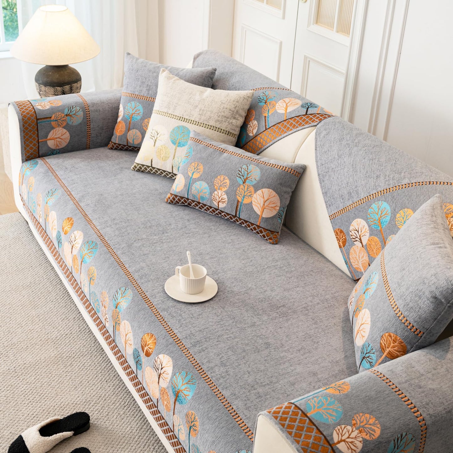 tianxinbaobei Boho Couch Cover, Non Slip Washable Sofa Covers, Chenille Couch Covers Quilted, Bohemian Sofa Slipcovers, Furniture Protector for Armrest and Backrest(Grey,28"x28",1pc)
