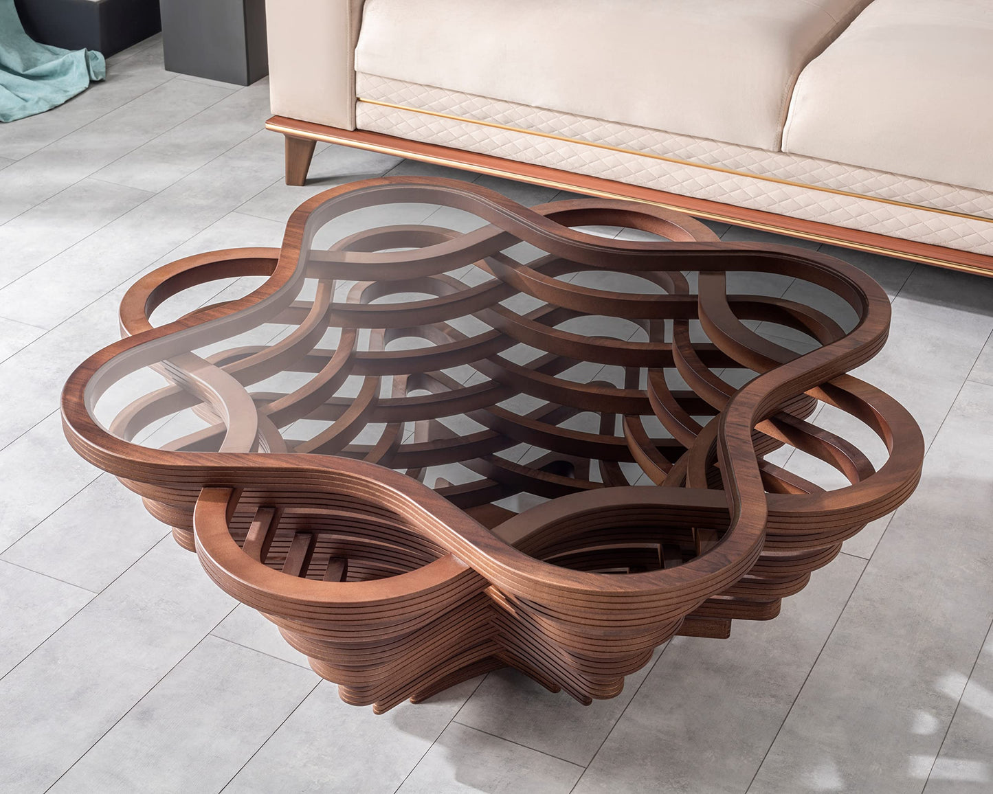 by Papella Design, Cloud Coffee Table, Modern Decorative Wooden Center Table, Glass Top Living Room & Reception Coffee Table, Natural Walnut Veneer, Rustic & Contemporary Style, for Home & Office