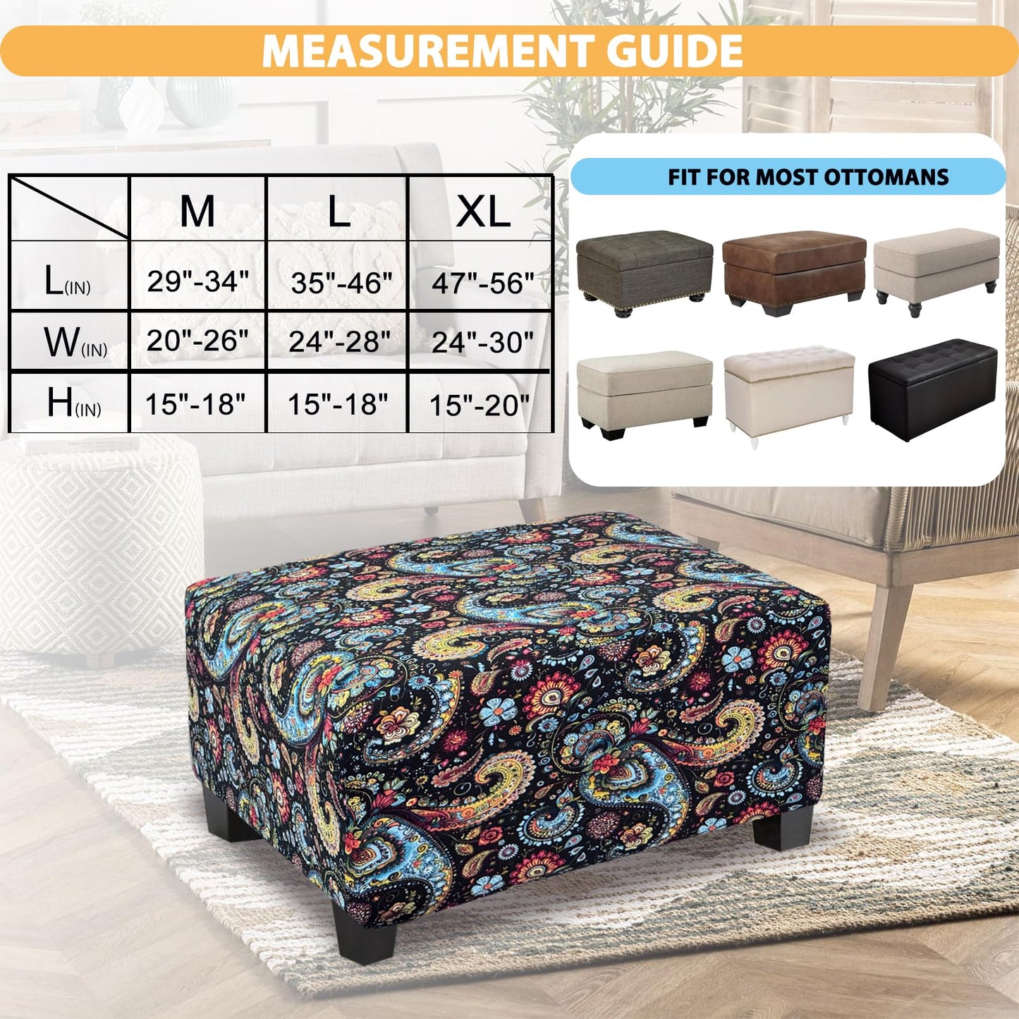 TOPHMDECOR Ottoman Cover Rectangle Printed,Stretch Footstool Slipcover with Elastic Bottom,Soft Fabric Protector for Rectangular Ottoman in Living Room or Bedroom,Medium,Flower F