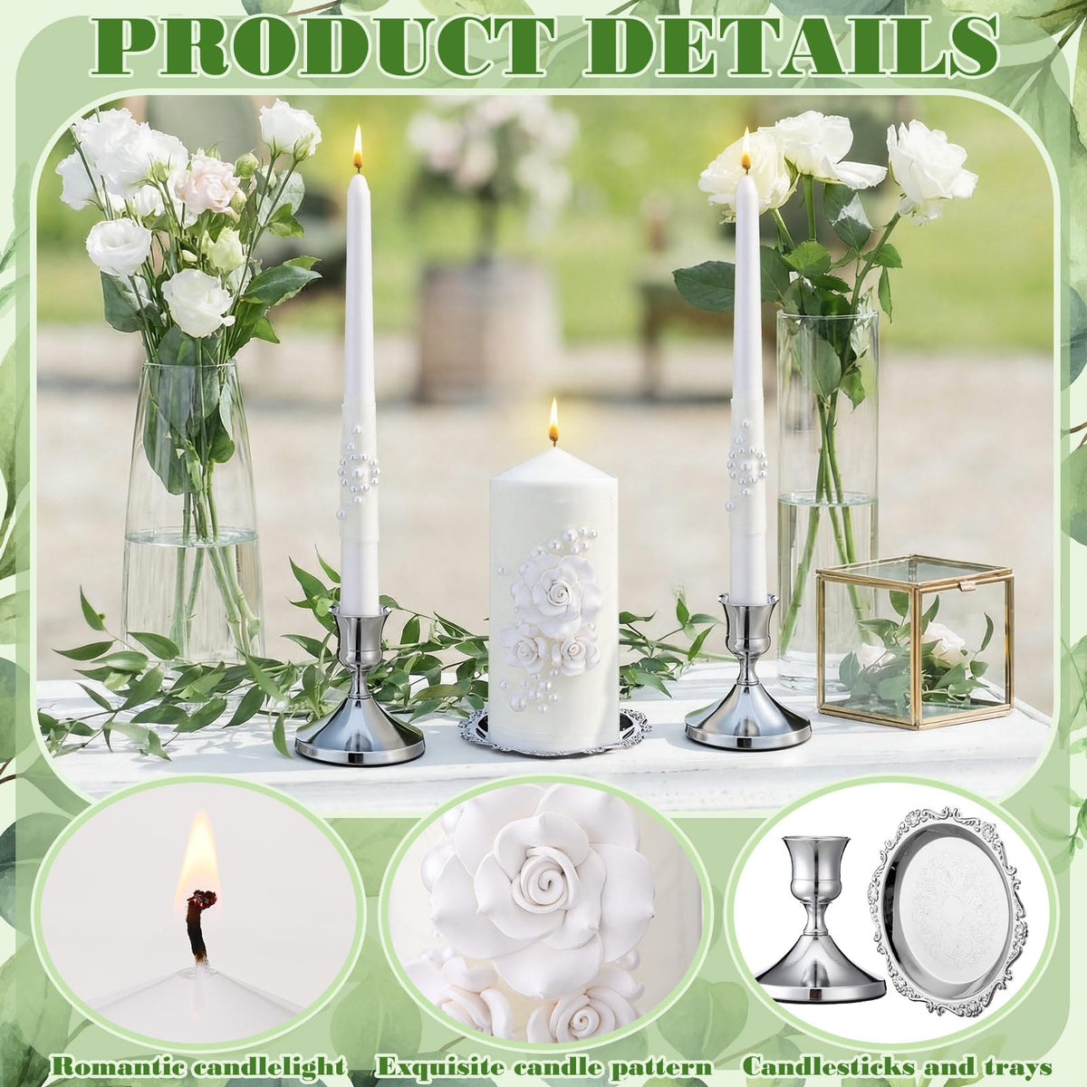 Irenare Unity Candles with Holder for Wedding Ceremony Unity Candle Set Wedding Table Decorations Accessories for Formal Events Church (Ceramic Flowers)