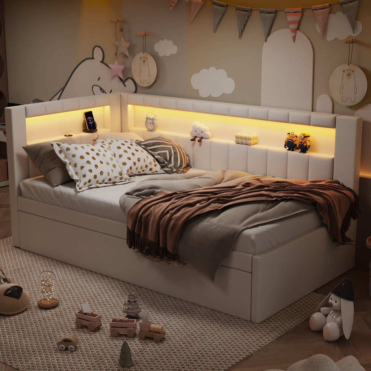 DNYN Upholstered Twin Size Daybed with Trundle for Bedroom,Apartment,Solid Wood Bedframe w/USB Ports & LED Design,Super Save Space & No Box Spring Needed, White