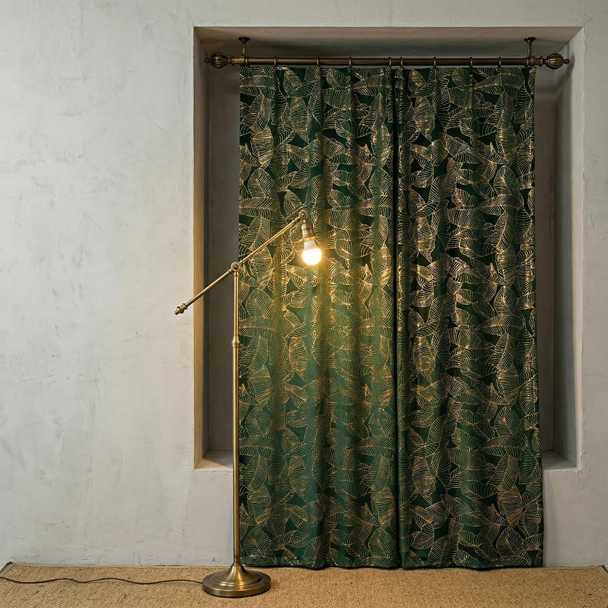 Tootop Velvet Dark Green Curtains 108 inches Long Gold Foil Printed Leaves Luxury Soft Rod Pocket Living Room Bedroom Shiny Drapes 2 Panel Home Decor (52 x 108 inches)