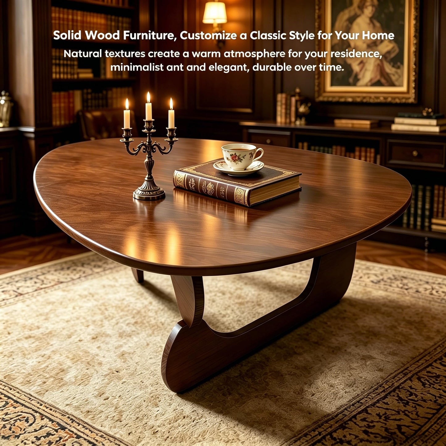 Solid Wood Coffee Table, Mid-Century Modern Triangle Center Table for Living Room, Triangular Wood Tea Table, Fingerprint-Free & Shatterproof, Walnut, 43.3" L x 30.7" W x 16.5" H