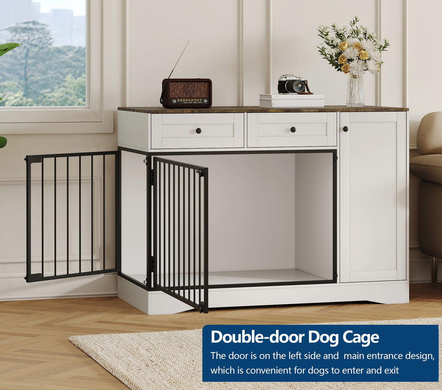 47'' Farmhouse Dog Crate Furniture & TV Stand with Double Doors, Modern Indoor Kennel Dog Cage Buffet Cabinet Side End Table with 2 Drawers and Storage Cabinet for Small Medium Dogs Pet House