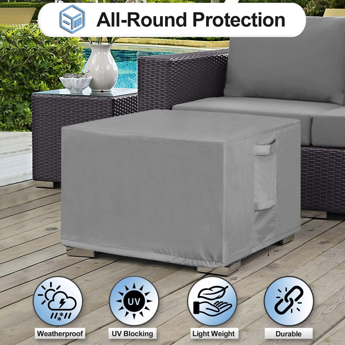 OutdoorLines Outdoor Waterproof Patio Ottoman Covers - Rectangle UV-Proof Patio Side Table Cover Windproof Heavy-Duty Furniture Covering Protector 48L x 25W x 18H Inch, Grey