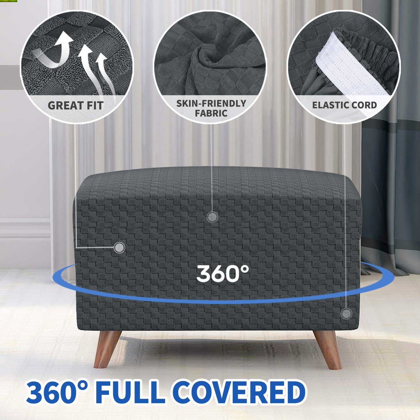 MAXIJIN Jacquard Ottoman Cover Slipcovers Folding Storage Stool Furniture Protector Cover Soft Thick Rectangle Foot Rest Slipcover with Elastic Bottom (Ottoman X-Large, Dark Gray)