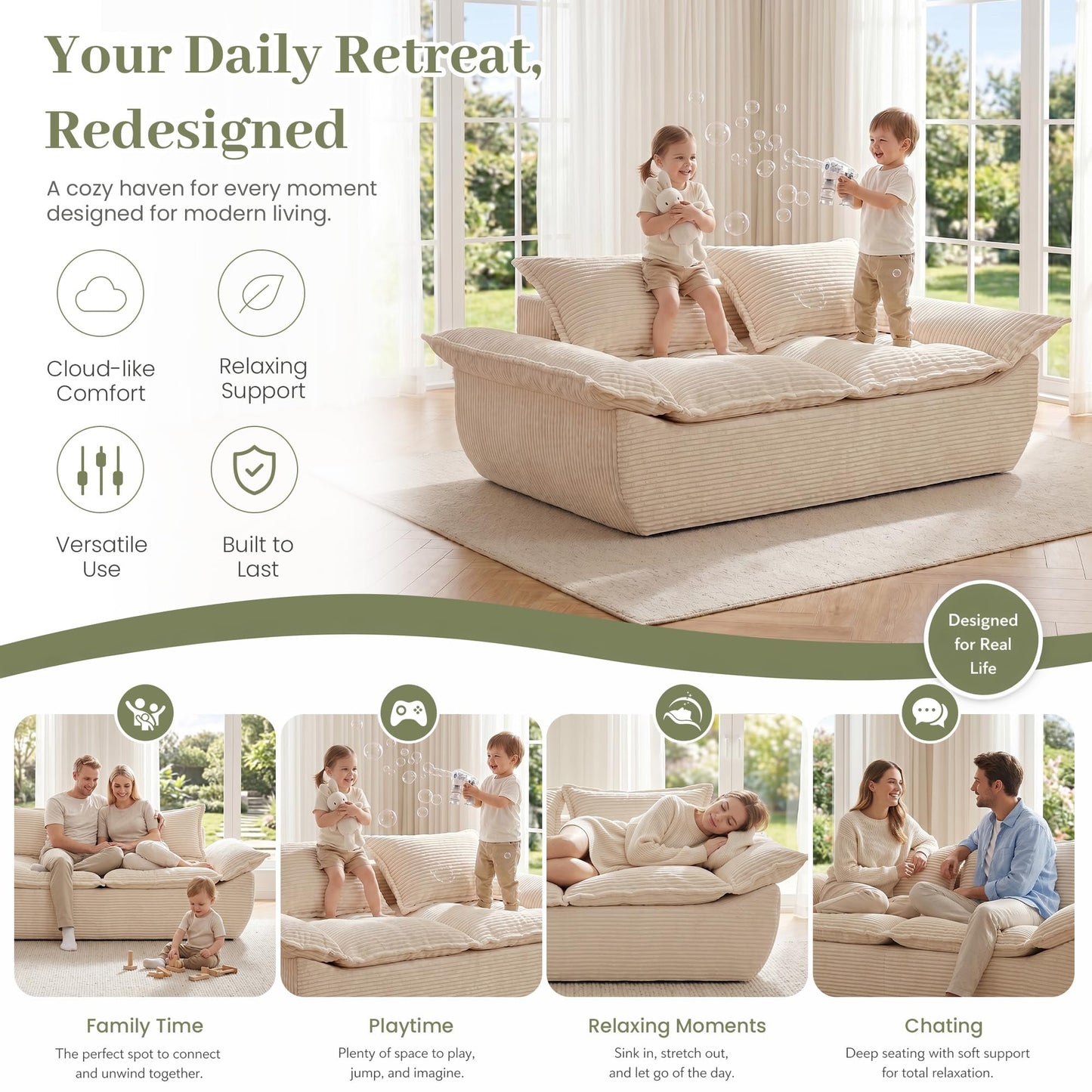 JUIKURY 55" Convertible Corduroy Sofa Bed, Boneless Foldable Loveseat Sleeper Couch, Compressed Foam Floor Sofa with Removable Cushions & Pillows for Small Space Living Room