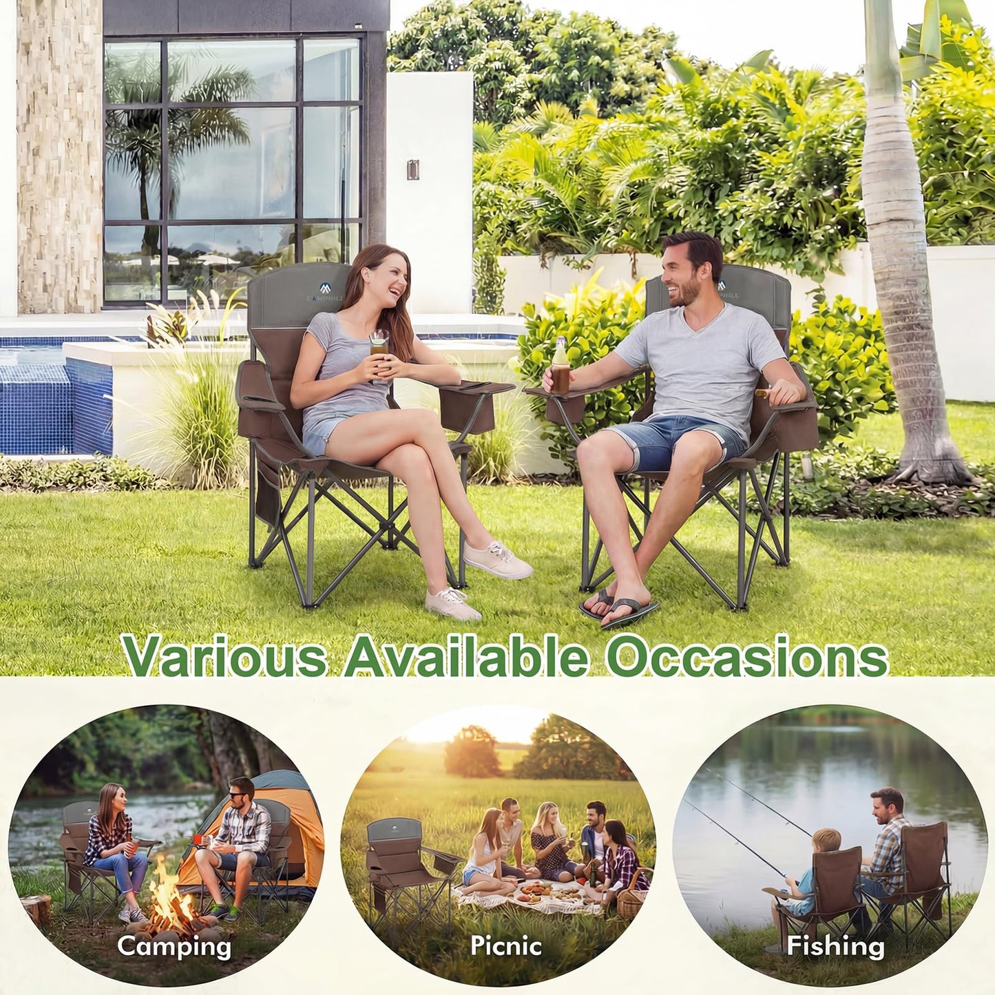 CAMPHILL Oversized Camping Chairs 2 Pack - Heavy Duty 400LBS Padded Lawn Chair with Cooler Bag,Cup Holder,Side Pocket,Collapsible for Outdoor,Camp,Fishing & Garden,Maroon