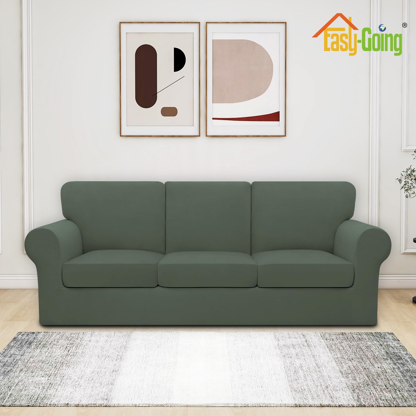 Easy-Going 7 Pieces Stretch Couch Cover Washable Sofa Cover Set for 3 Backrest and Seat Cushion Couch Anti-Slip Sofa Slipcover Furniture Protector with Elastic Bottom (Large, Grayish Green)