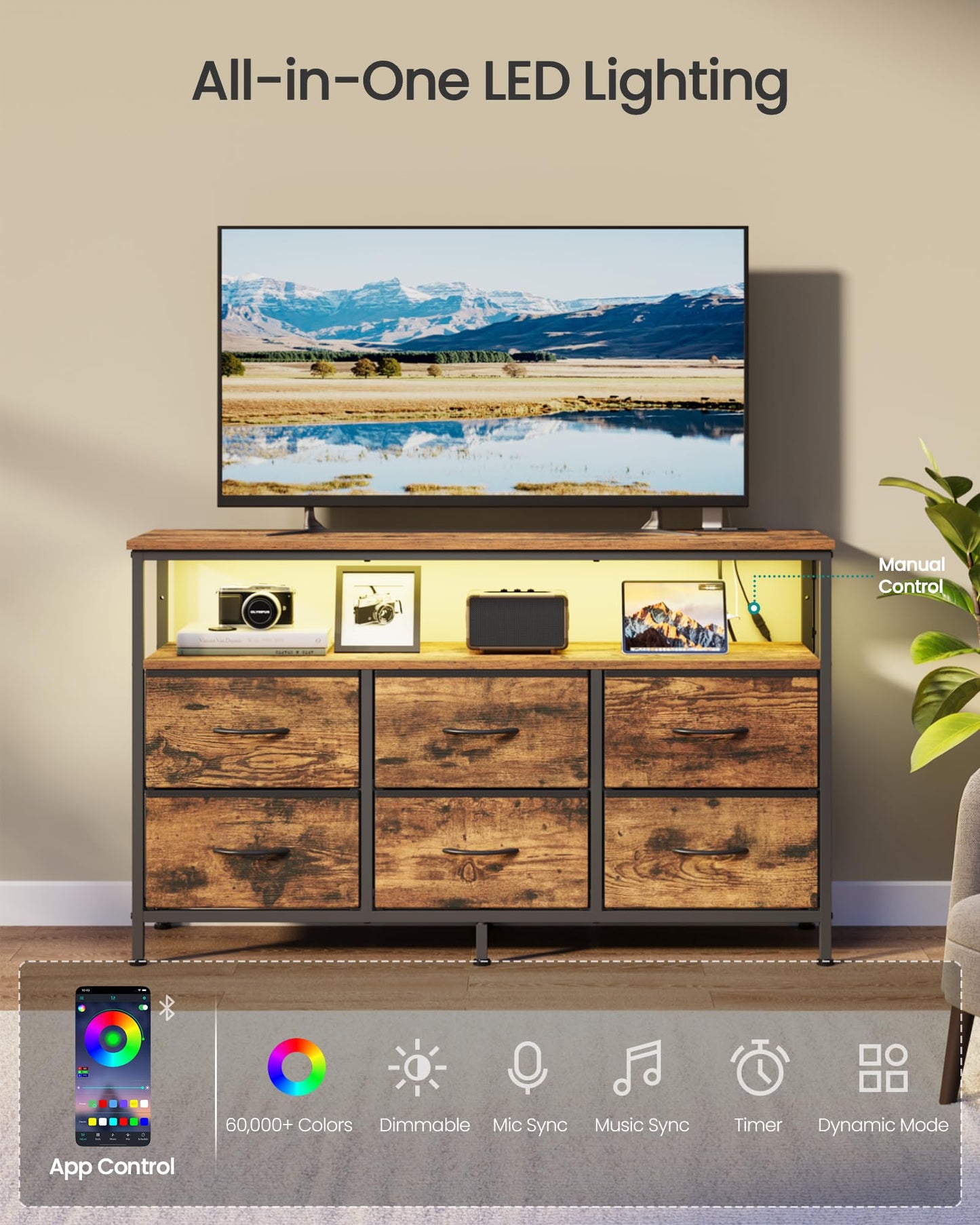 SONGMICS BELLAH Collection - Dresser for Bedroom, Chest of Drawers, TV Stand for TVs Up to 55 Inches, Living Room, Closet, 6 Drawers and 1 Shelf, Industrial, Rustic Brown and Ink Black ULGS833KD02S