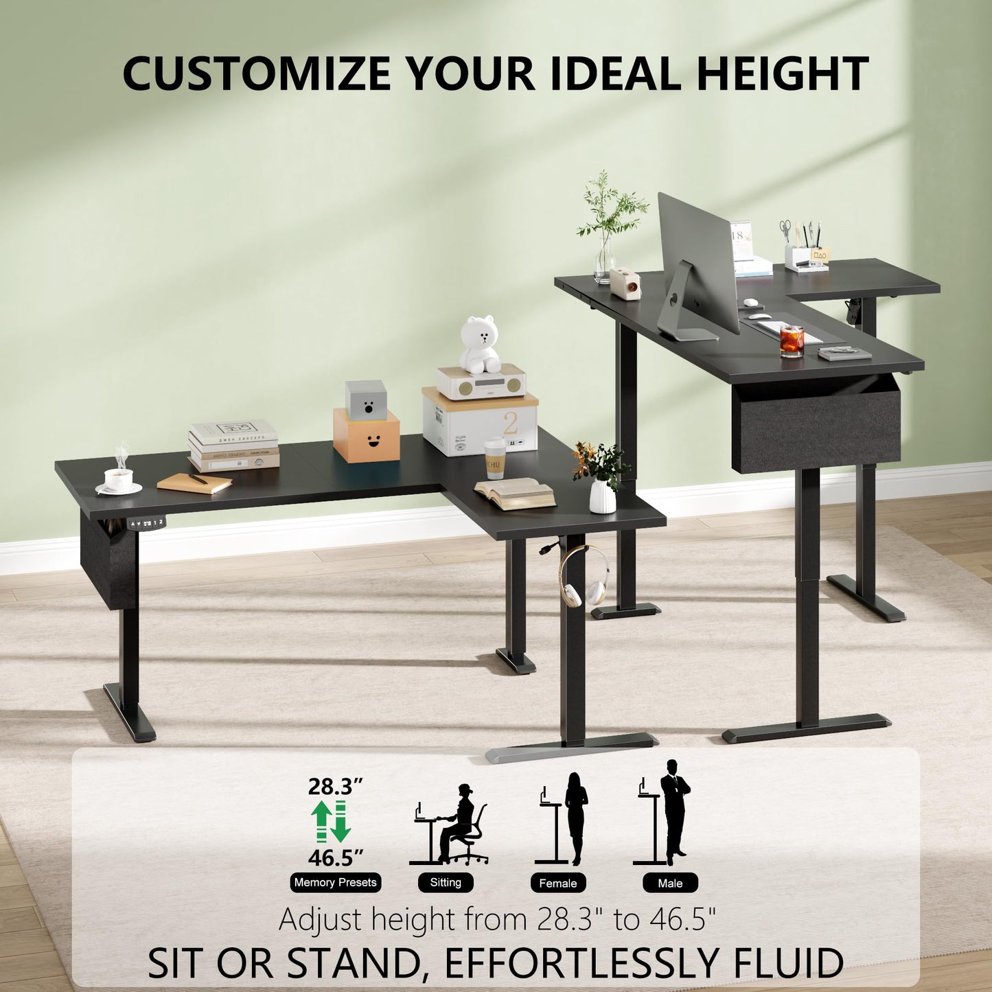 Korfile 63” L Shaped Electric Standing Desk, Height Adjustable Computer Desk with LED Screen & Memory Presets, Ergonomic Sit to Stand Desk with Headphone Hook for Home, Office and Workstation, Black
