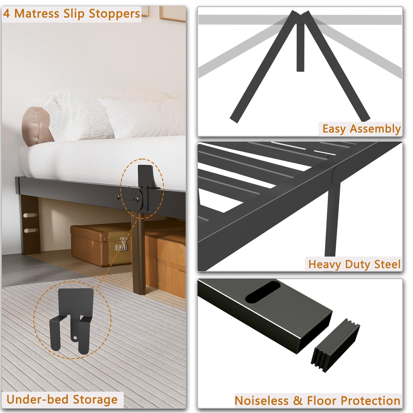 KZZLOL Full Size Bed Frame, 10 Inch Low Full Bed Frame No Box Spring Needed with Mattress Stoppers, DIY Headboard, Heavy Duty Steel Support 3000 LBS, Rounded Legs, Easy Assembly, Noiseless, Black