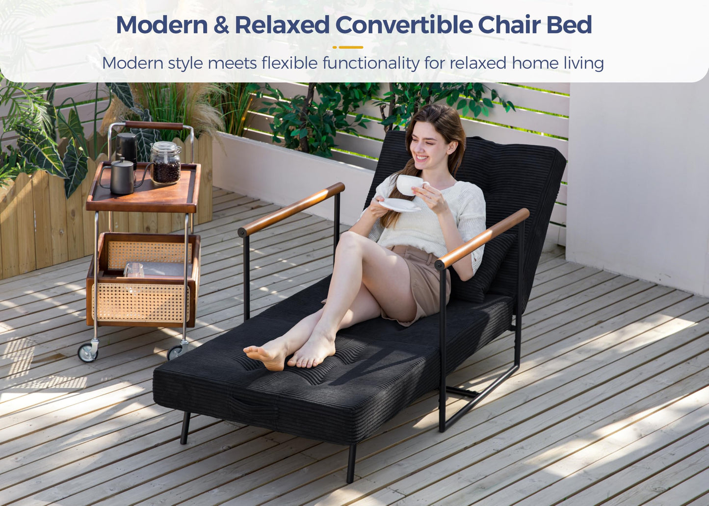 MAXYOYO Convertible Chair Bed, Folding Lounge Chair with Adjustable Backrest, Versatile Folding Sofa Bed, Tufted Corded Upholstered Chair with Frame, Adjustable Recliner Chair for Living Room, Bedroom