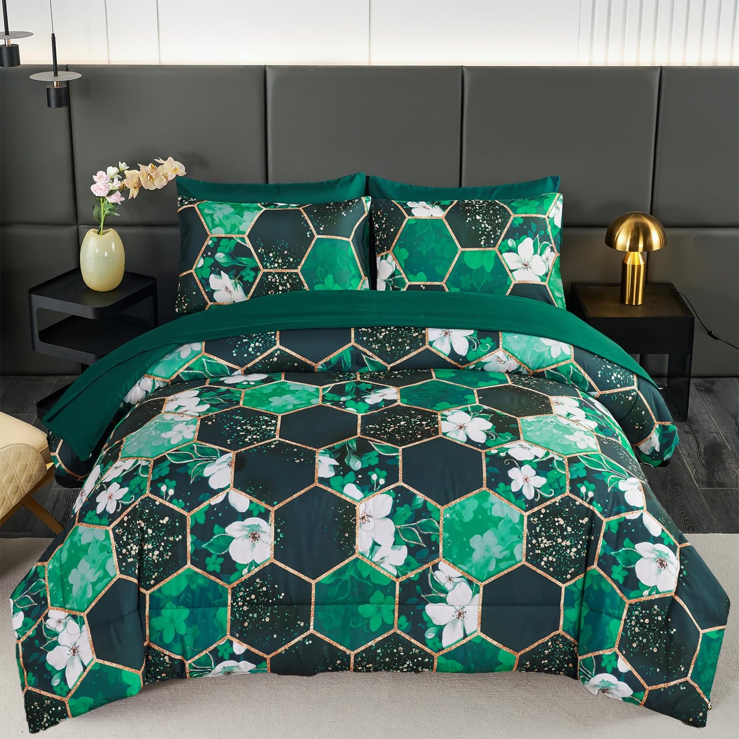 ZRNBAST Emerald Green Comforter Set King, 7Pcs White Floral Hexagon Bed in A Bag, Soft Geometric Bedding Sets with Sheets Pillowcases for Women Men(Green Floral,King)