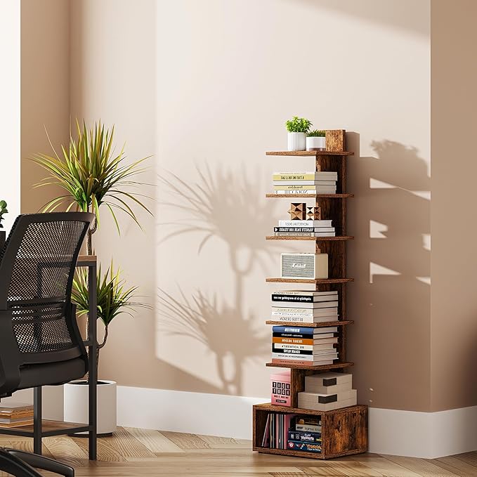 TUTOTAK Narrow Bookshelf, Vertical 8-Tier Bookcase, Spine Book Shelf
