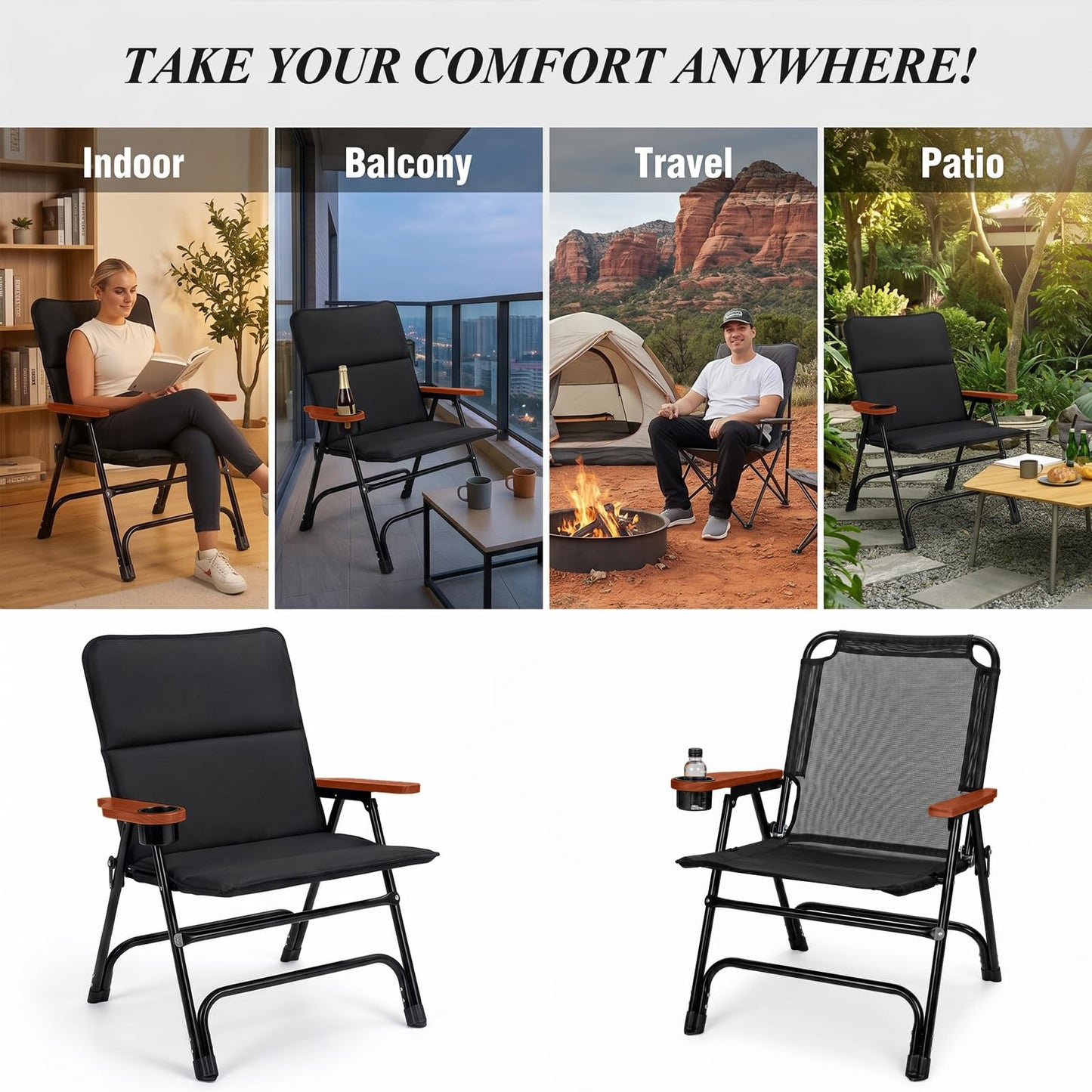 Padded Oversized Folding Camping Chair for Adults, Removable Cotton Pad Lawn Chair with Wooden Hard Armrests and Cup Holders, Portable Collapsible Quad Chair for Outside, Support up to 400lbs, Black