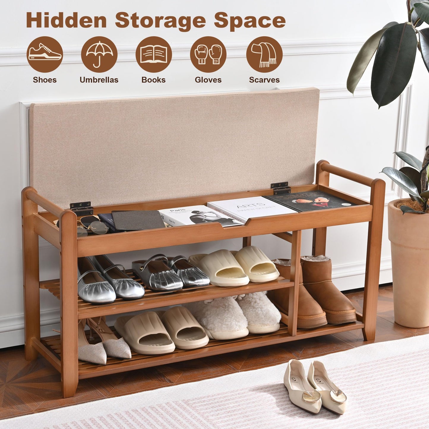 Homman 39.4in Shoe Rack Bench, Shoe Storage Bench with Lift Top Hidden Storage, Entryway Bench Holds Up to 330lb for Bedroom Living Room