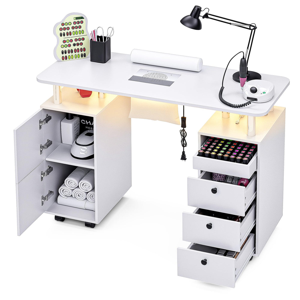 HolaiNail Nail Desk for Nail Tech w/Electric Dust Collector, Rolling Manicure Table w/Lockable Wheels, Storage Drawers, Wrist Cushion, Acetone Resistant, for Nail Beauty Salon Workstation (White)