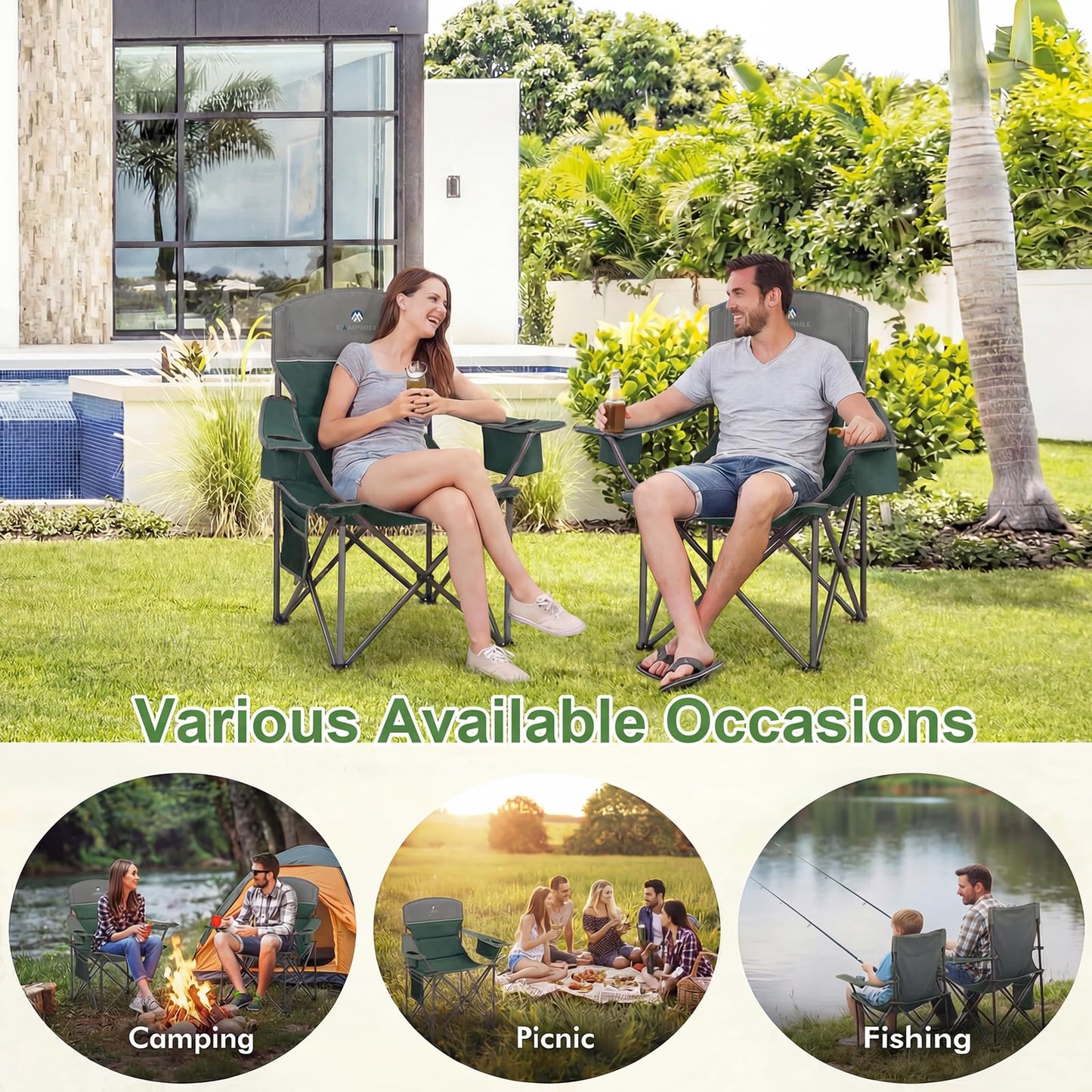 CAMPHILL Oversized Camping Chairs 2 Pack - Heavy Duty 400LBS Padded Lawn Chair with Cooler Bag,Cup Holder,Side Pocket,Collapsible for Outdoor,Camp,Fishing & Garden,Dark Green