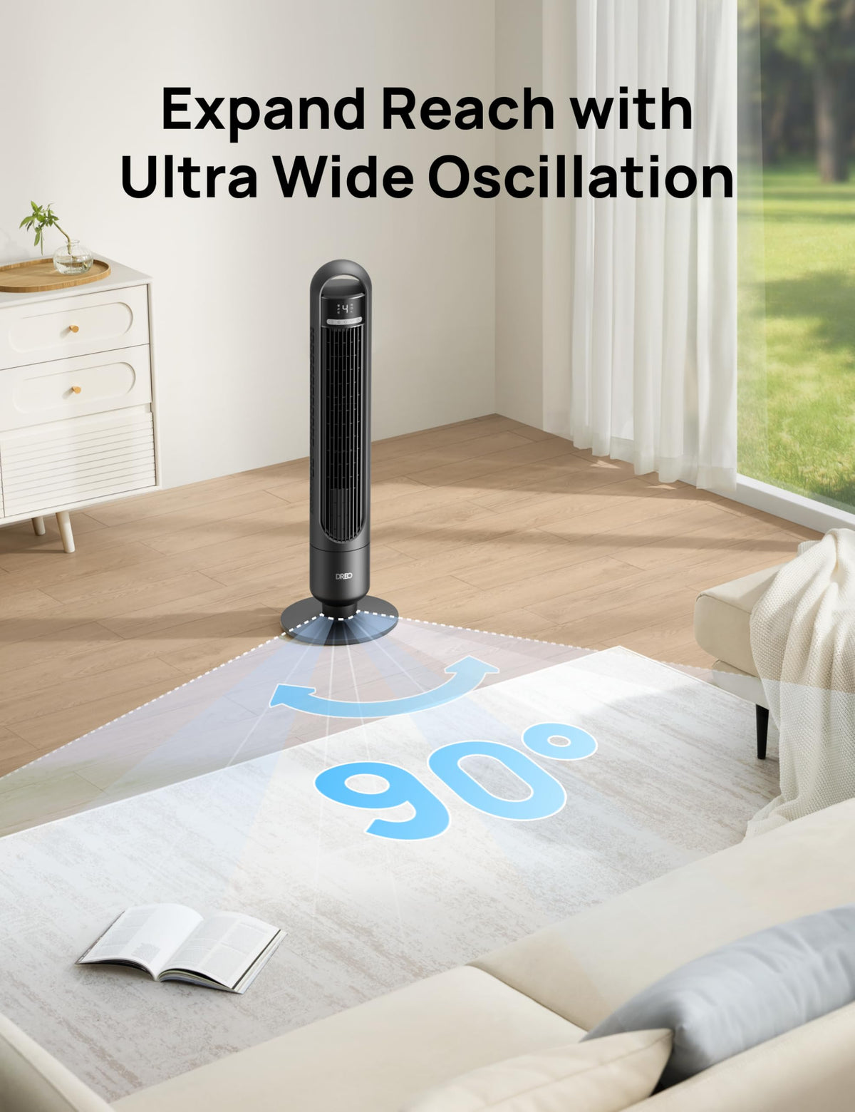 DREO Tower Fan for Bedroom, 90° Oscillating Standing Fans for Room with 4 Speeds, 3 Modes, 28dB Quiet for Sleep, 26ft/s Velocity, 8H Timer, Remote, Living Room, Office, Home, Black