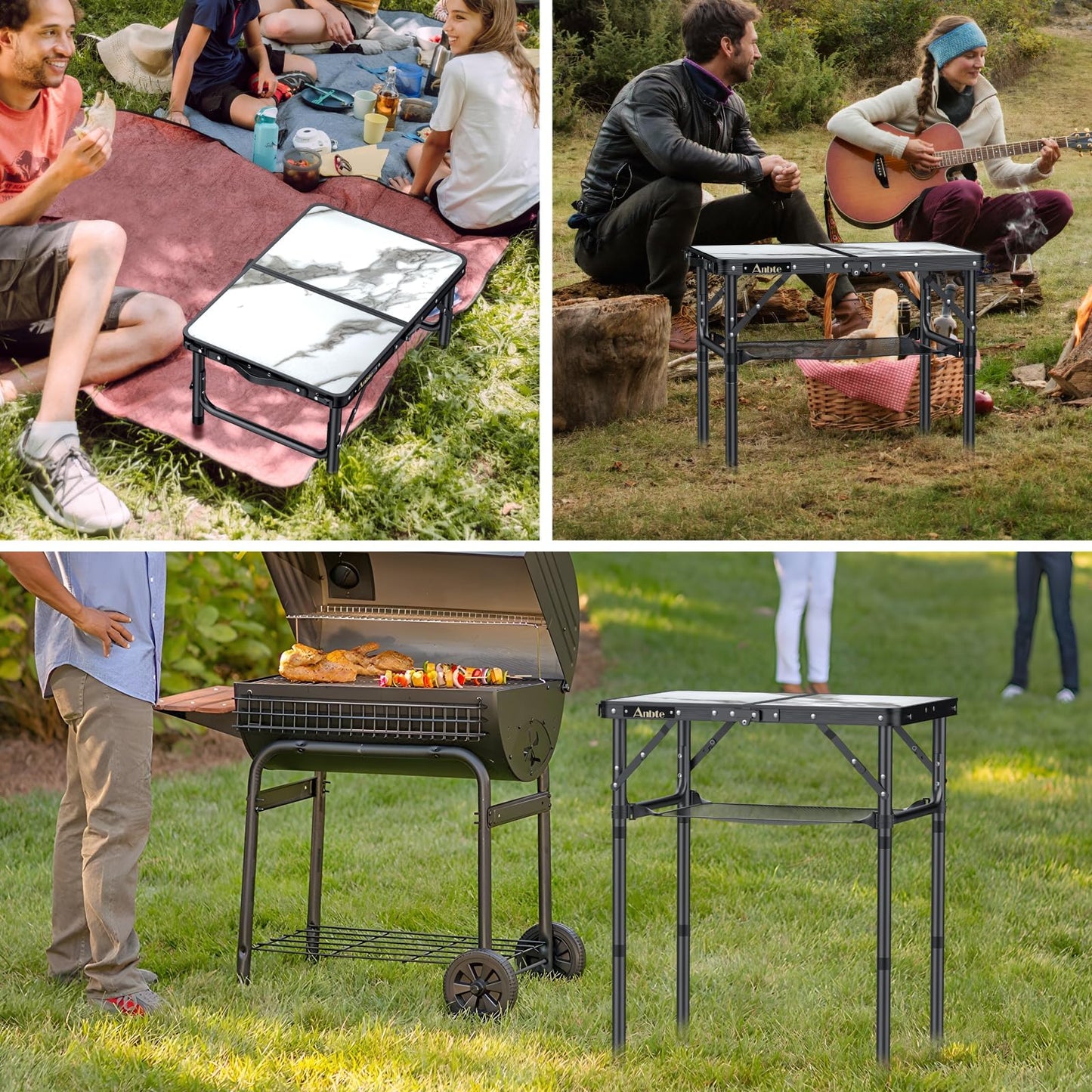 Anbte Folding Camping Table with Storage Net, 3 Adjustable Height Max 27.5" Aluminum Small Folding Table, Portable Table with Carry Handle, Lightweight, for Outdoor Indoor Travel Camping Picnic