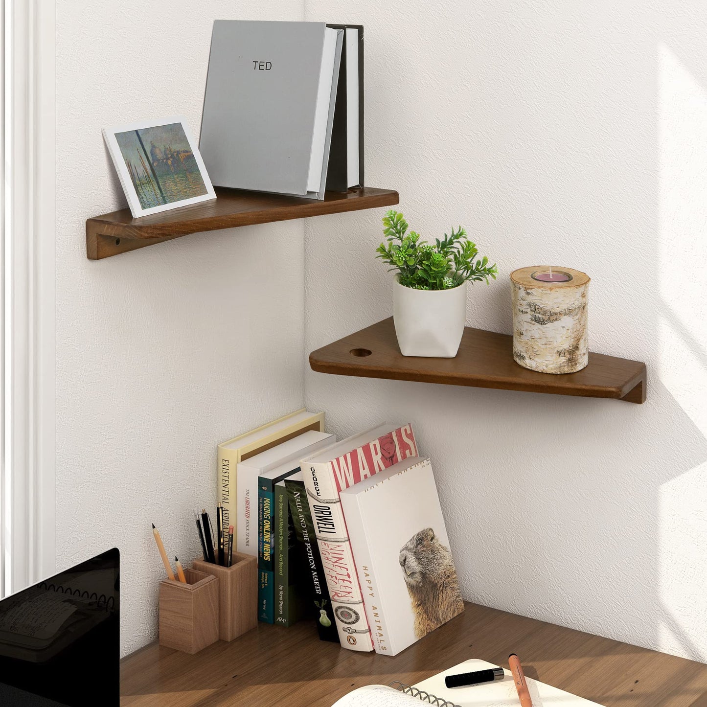 SUMGAR Floating Nightstand Wall Mounted, 13 inch Wood Floating Shelves Bedside Tables Rustic Wall Desk Decor for Bedroom, Living Room, Kitchen, Bathroom, Office Set of 2