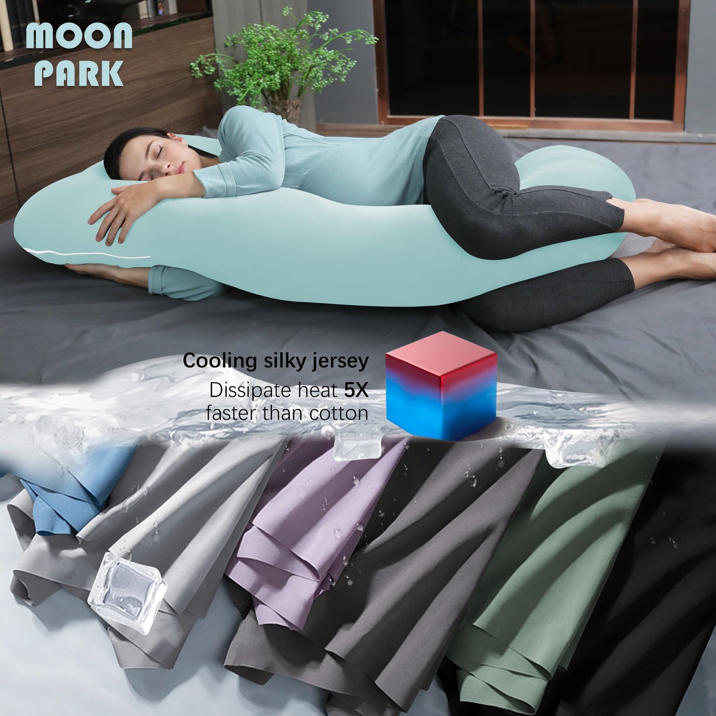 MOON PARK Pregnancy Pillows for Sleeping - U Shaped Full Body Maternity Pillow with Removable Cover - Support for Back, Legs, Belly, Hips - 57 Inch - Ice Blue - Cooling Cover