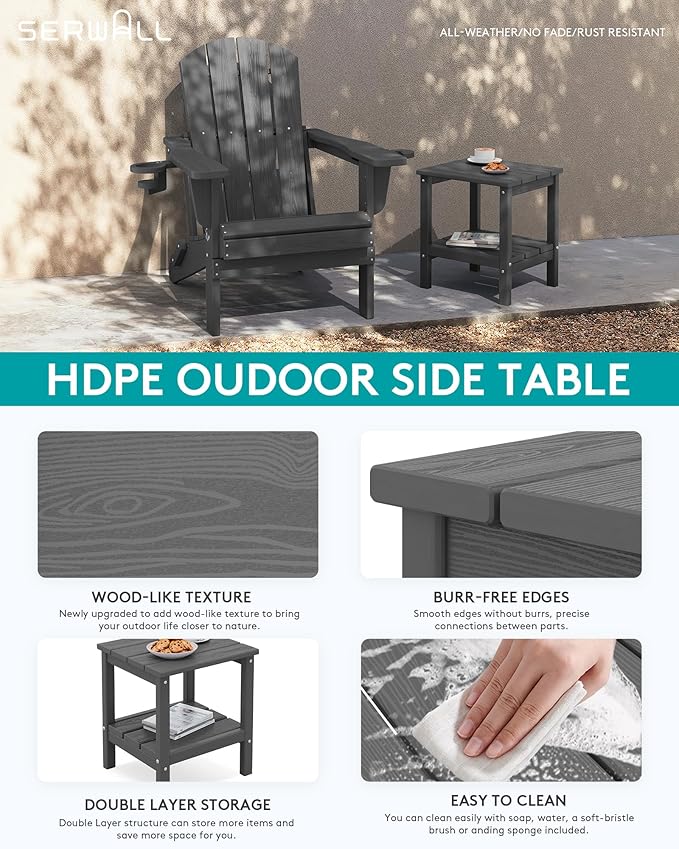 SERWALL 2-Tier HDPE Outdoor Side Table, Weatherproof Rectangular Adirondack