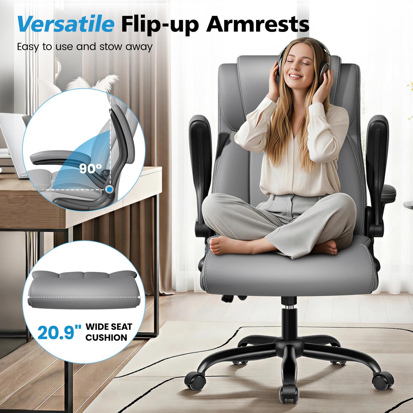 Stella Mia Ergonomic Office Chair – High Back Computer Desk Chair with Inflatable Lumbar Support & Flip-Up Arms, Heavy Duty PU Leather Executive Chair, Wide Seat, Long Hours, Light Gray