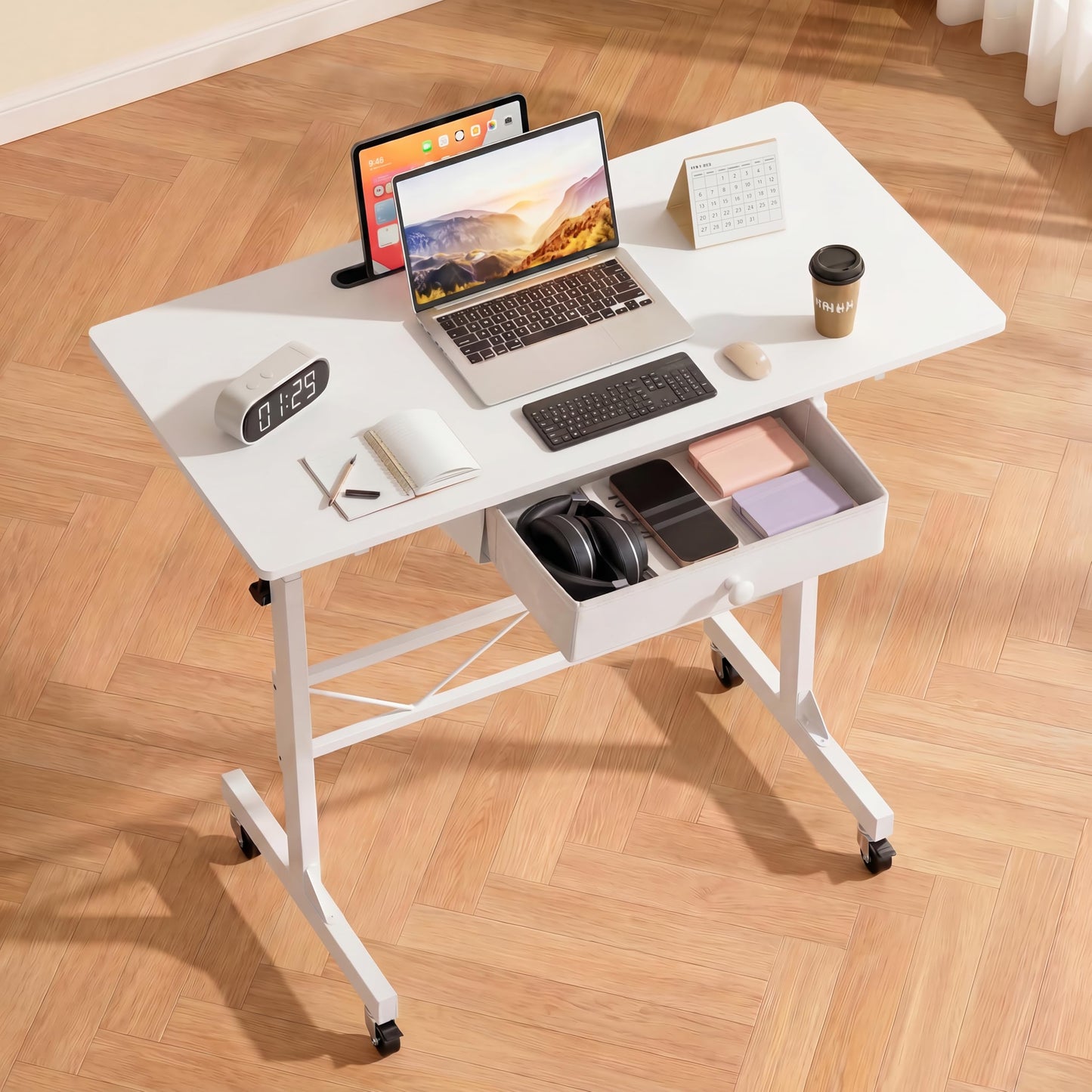 COMHOMA Portable Standing Desk Adjustable Height 30.7"-46.4", Standing Desk with Drawers, Mobile Rolling Computer Desk for Home Office Work and Walking Pad Treadmill, Carbon Fiber White