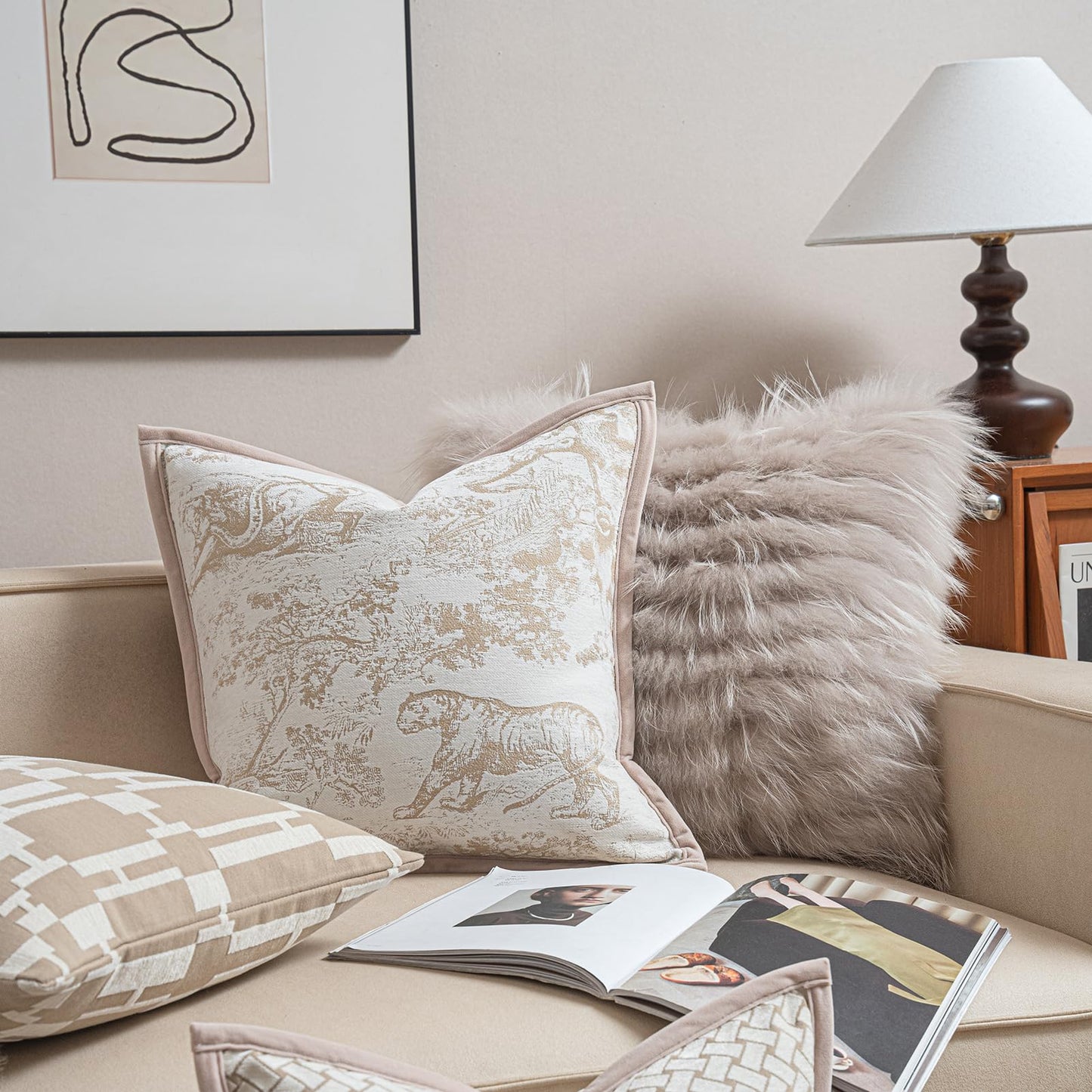 Croker Horse New 20x20'' inches Throw Pillow Cushion Covers - Jungle Pattern with Edge Strip Chenille Jacquard Embroidery Luxury Modern Style Couch Sofa Bed Pillow Cover for Living Room Bedroom