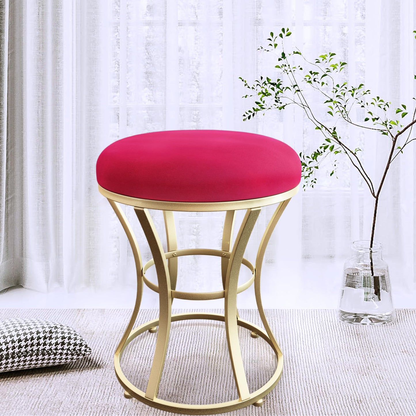 Ellensamqi Velvet Round Vanity Stool,Red Velvet Footrest Ottoman Foot Stool Seat with Golden Metal Legs,Makeup Chair for Bathroom Vanity,Bedroom,Living Room