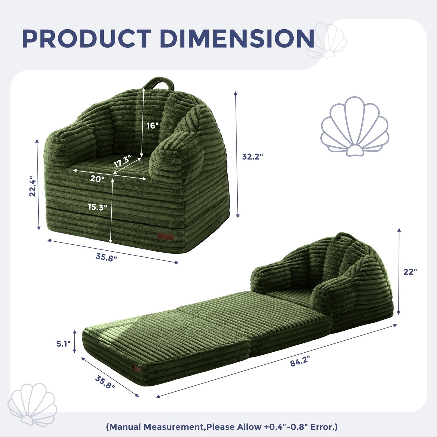 MAXYOYO Folding Sofa Bed, 2 in 1 Convertible Sofa to Lounger Comfy Faux Fur Bean Bag Chair for Adults, Floor Single Couch Chair with Handle, Couch Bed for Living Room Bedroom, Dark Green