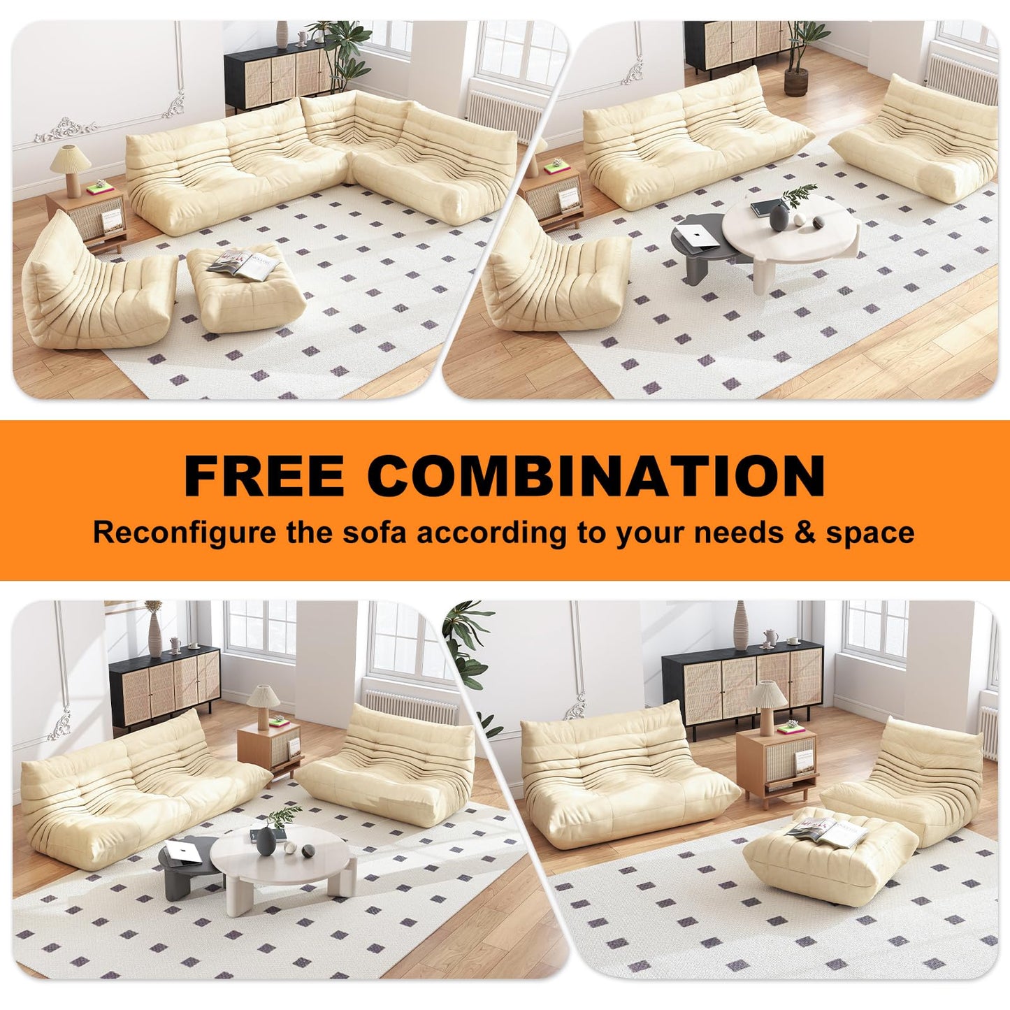 Full Foam Three Seater Sofa – Bean Bag Chairs Floor Couch for Adults, Waterproof Upholstery, Armless Fireside Lounge Chair for Living Room, Apartment, or Office (White)
