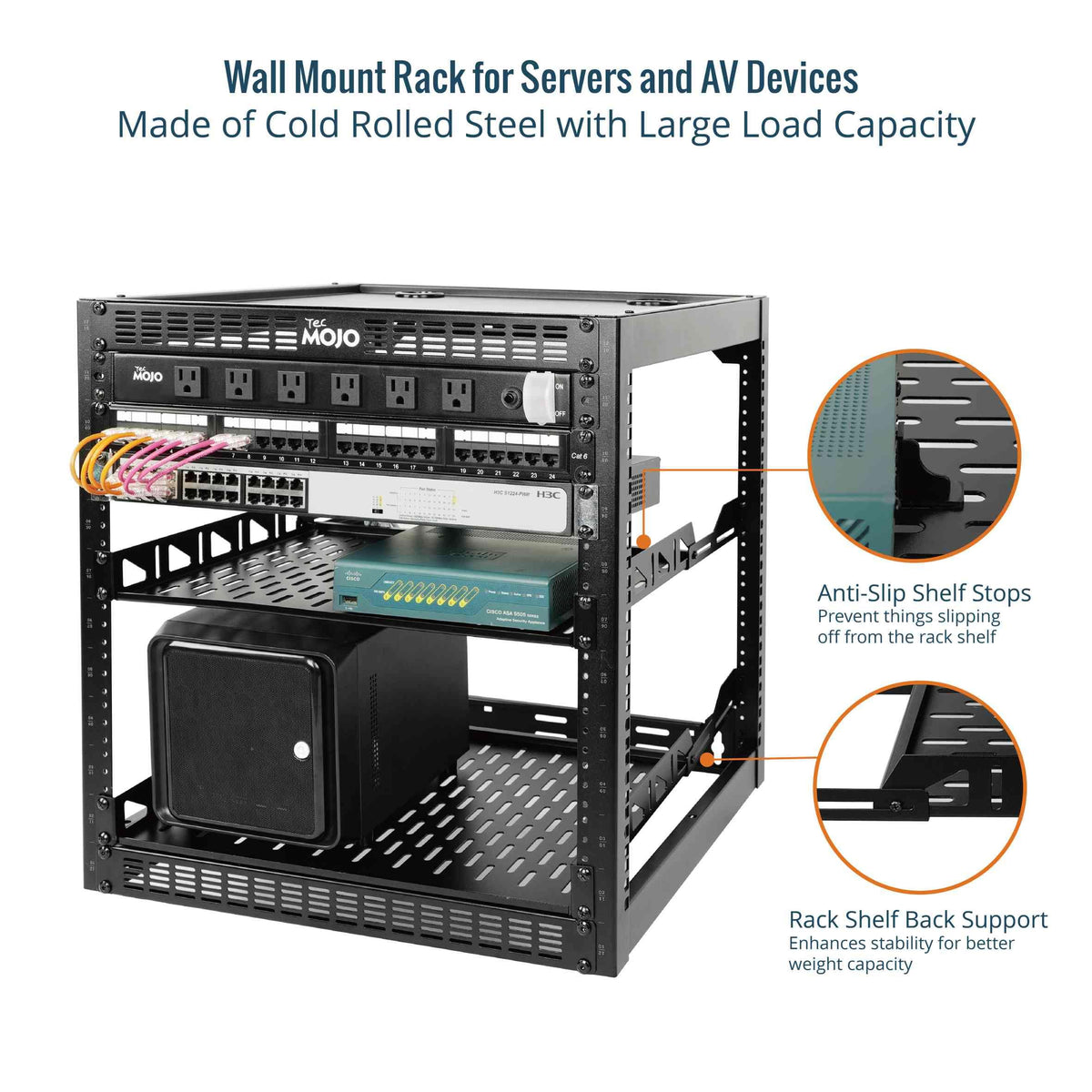 Tecmojo 12U Open Frame Network Rack for IT & AV Gear, AV Rack Floor Standing or Wall Mounted,with 2 PCS 1U Rack Shelves & Mounting Hardware,Network Rack for 19" Networking,Audio and Video Device