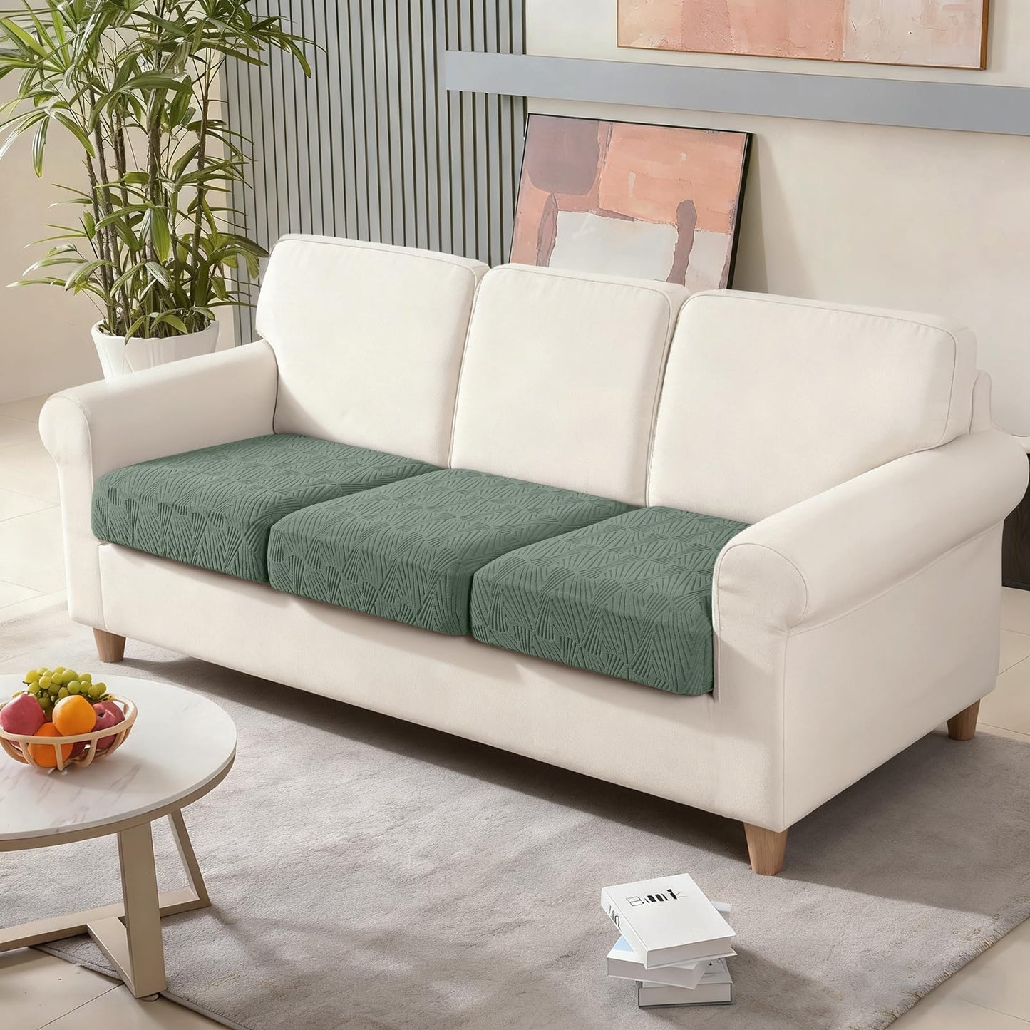 VANSOFY Couch Cushion Covers for Sectional Sofa, Stretch Jacquard Couch Seat Cushion Covers, Individual Washable Furniture Protector Sofa Slipcovers for Pet (3Pc Seater or Back Cover, Bean Green)