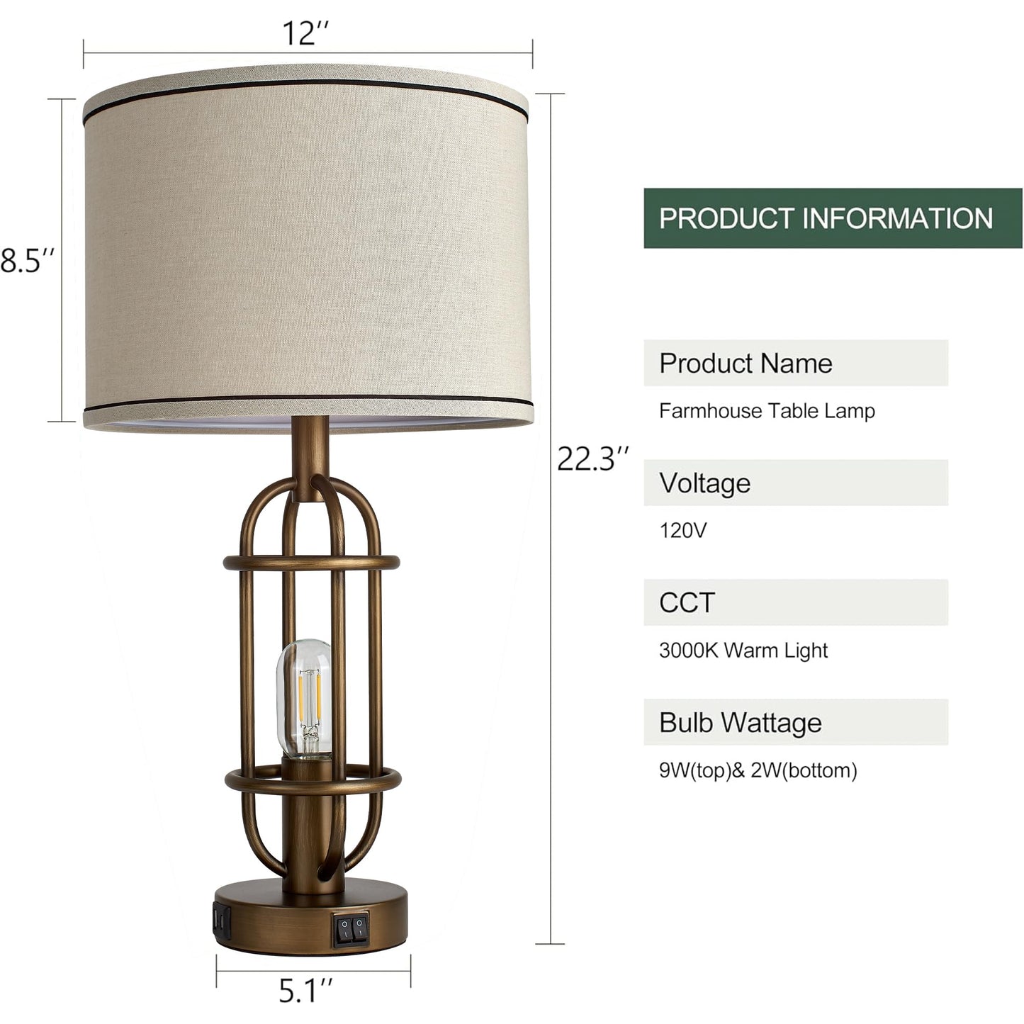 Reaketon Table Lamps for Living Room Set of 2, 22.3" Farmhouse Lamps for Nightstand, Industrial Table Lamps for Bedroom with USB Ports