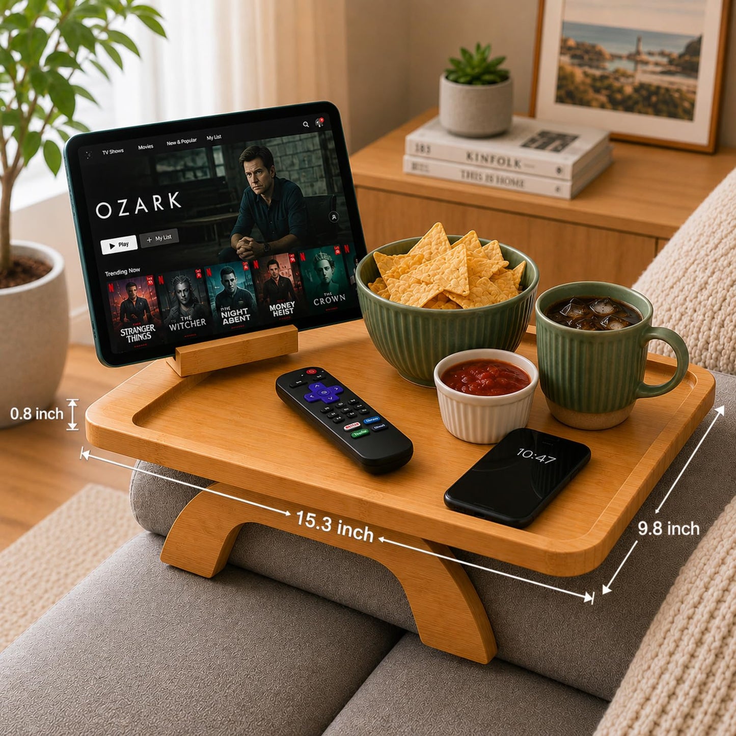 WOODSPROUT Bamboo Couch Cup Holder Tray, 4 in 1 Foldable Couch Arm Tray Table with 360° Rotating Phone Holder, Non-Slip Sofa Armrest Tray for Drinks, Snacks, Remote, Fits 3-13 Inch Flat Arms
