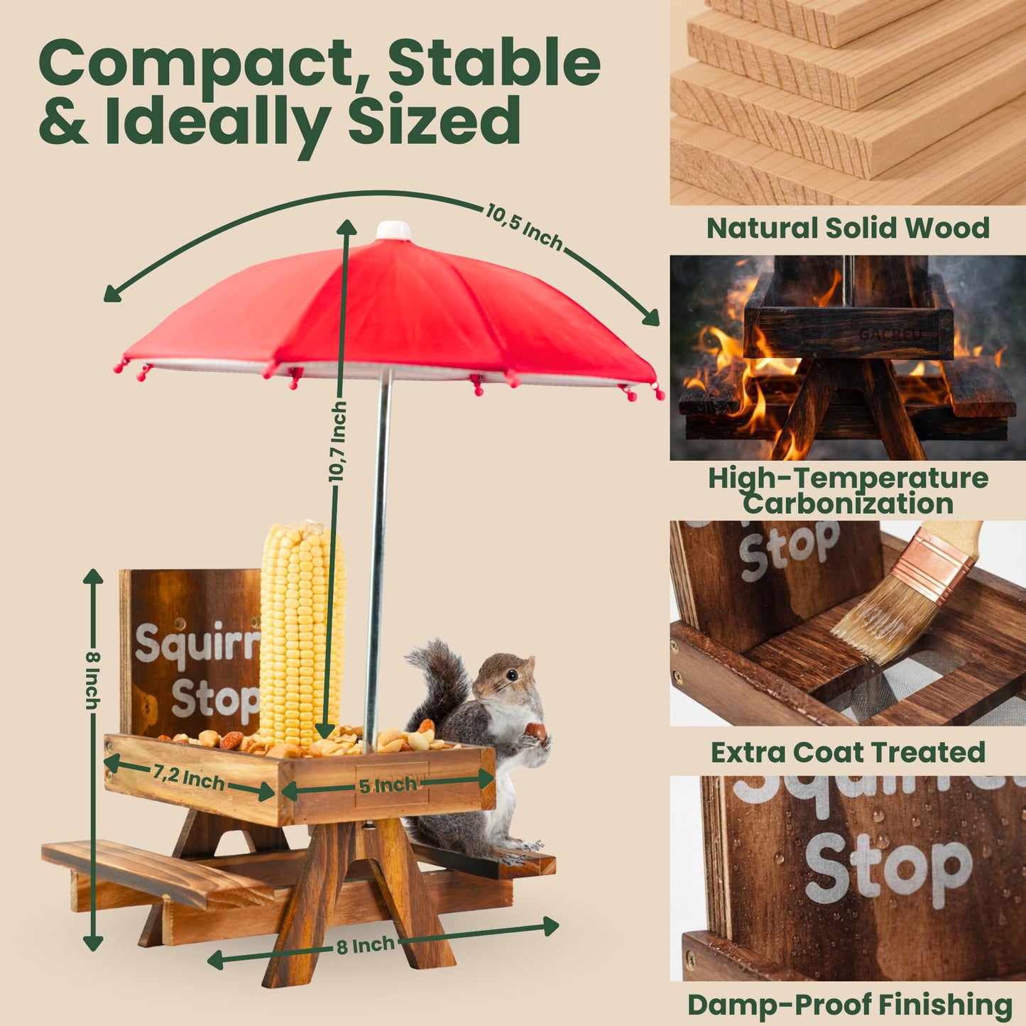GACREU Squirrel Feeder Picnic Table – Wooden Bench Feeding Station with Umbrella, Drainage & Airflow – Easy Assembly Wildlife Feeder for Corn & Nuts – Unique Garden Gift