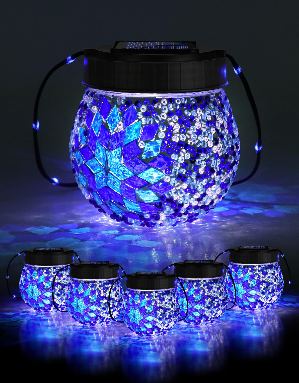 Mosaic Solar Lights Outdoor 6 Pack, Solar Hanging Lanterns Christmas Halloween Gifts for Women Mom Grandma, Waterproof Glass Globe Lights, Garden Patio Decor for Yard, Tree, Balcony, Cold