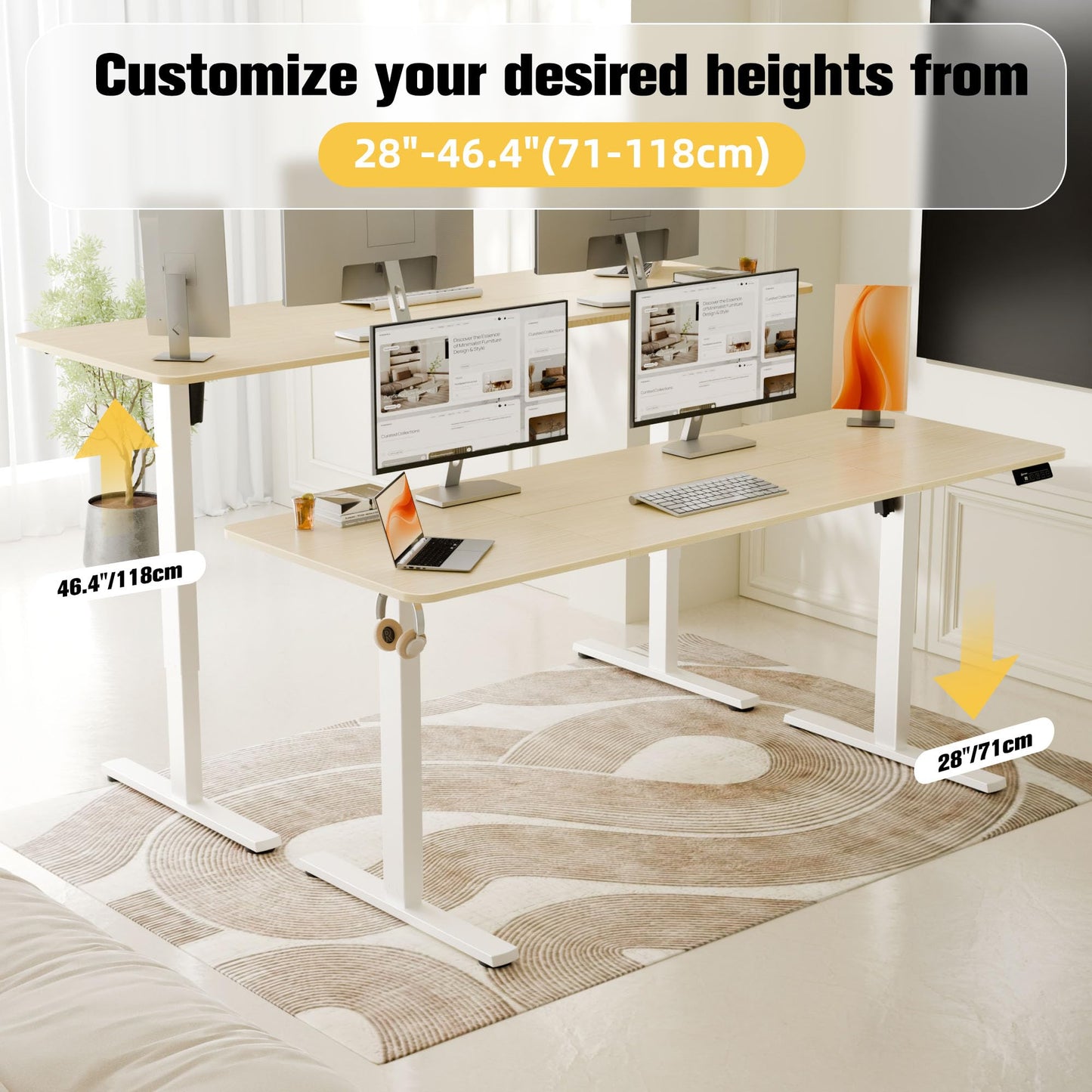 ERGOMAKER Electric Standing Desk, 67" x 23.6" Height Adjustable Sit Stand Desk with Splice Board for Home Office, Computer Desk Memory Preset (White Frame, Gold Oak Desktop)