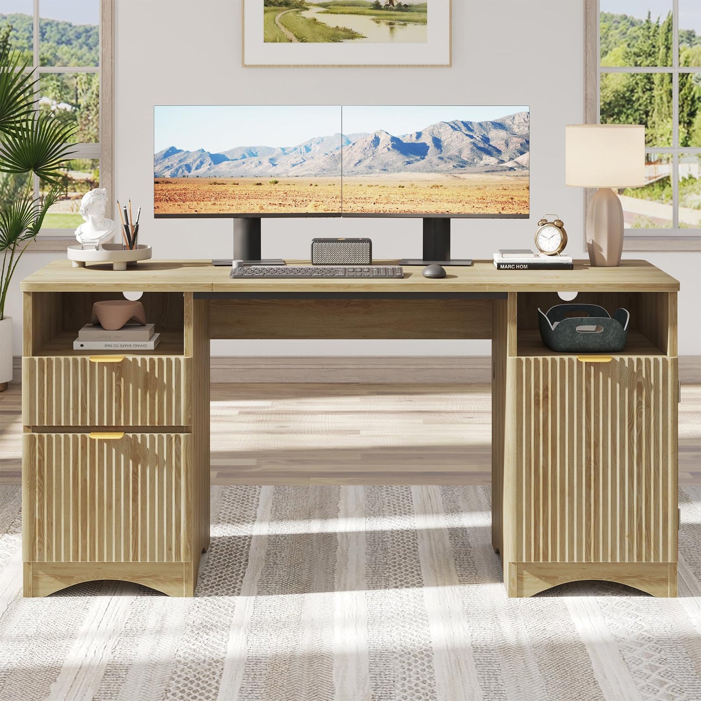 Bestier Computer Desk with 2 Drawer, 59 inch Office Desk with Storage Cabinet & 2 Open Storage, Fluted Executive Desk for Home Office & Studio, Brown Oak